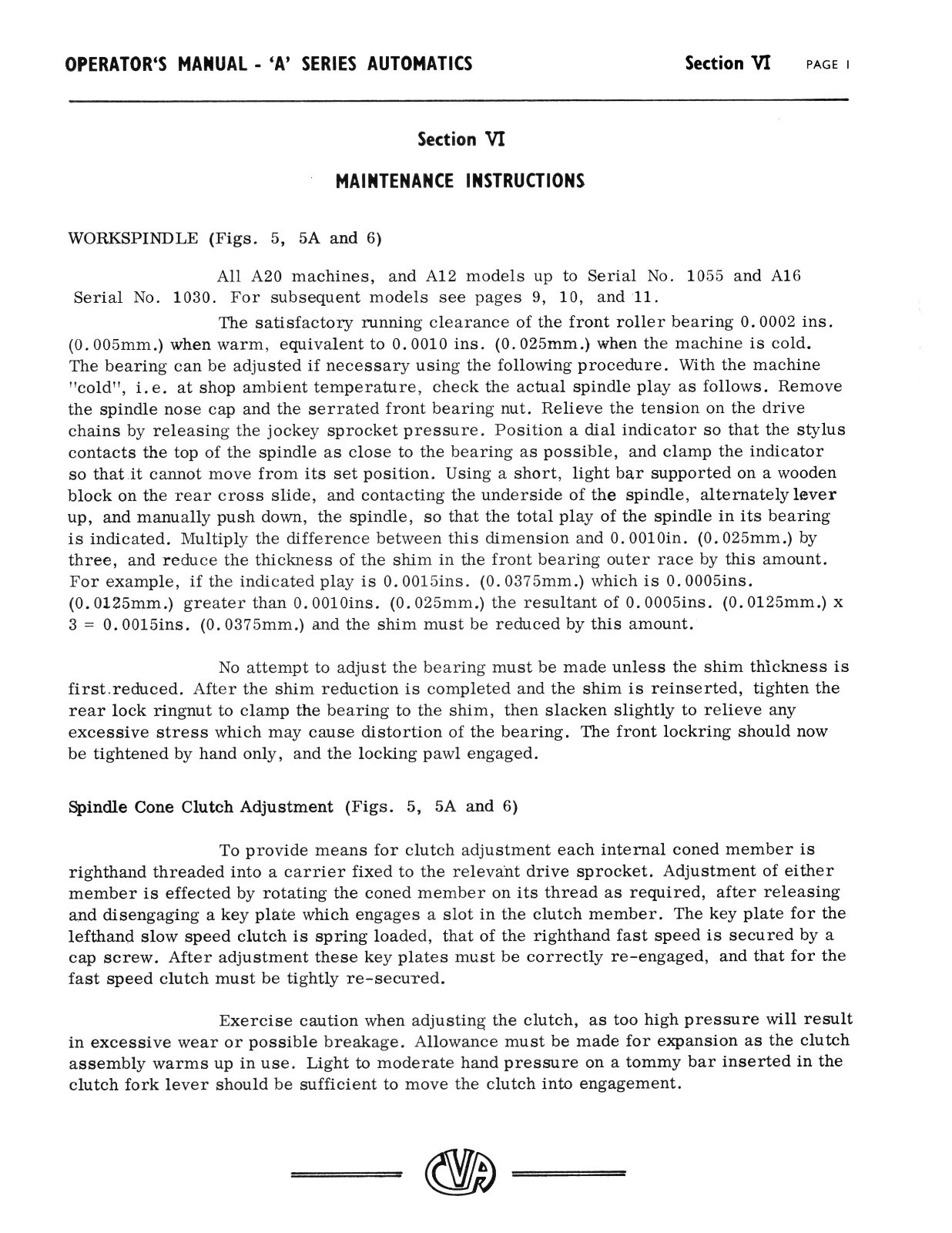 CVA A12, A16, A20 Auto Screw Machine Lathe Operator Manual #820