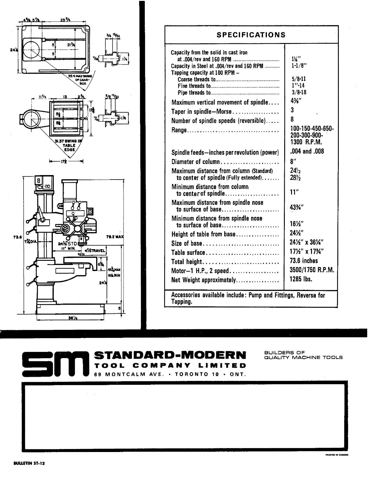 Standard Modern 24″ Radial Drill Operators Manual & Parts List *818
