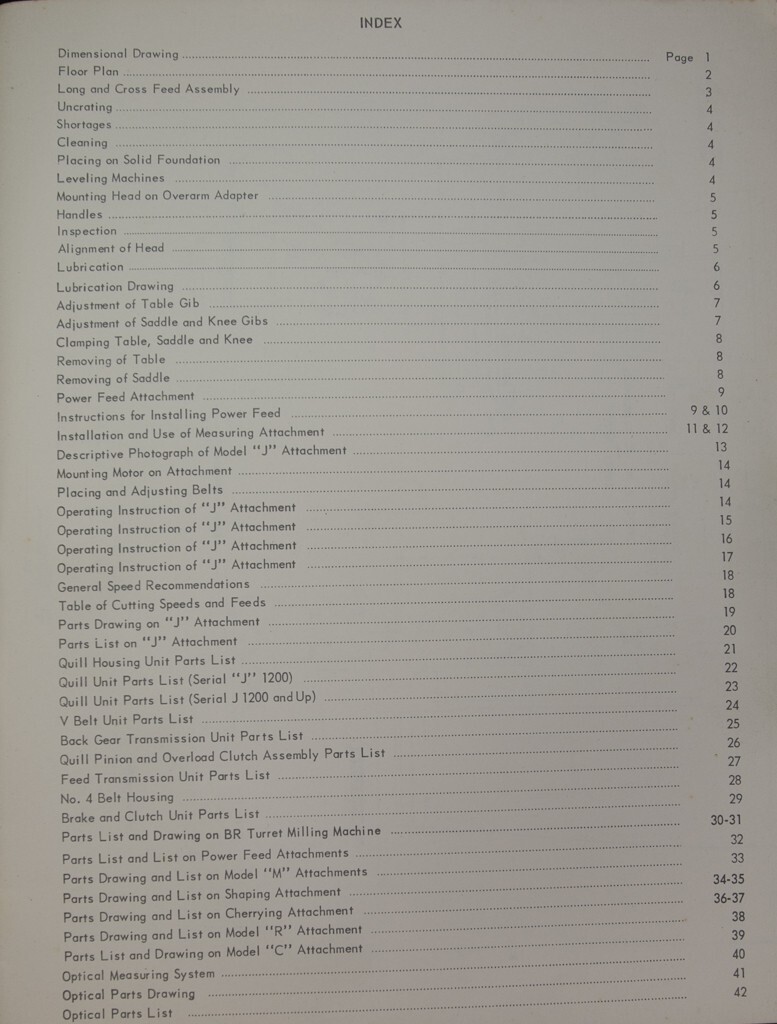 BRIDGEPORT Series-I Milling Machine 1HP Step-Pulley Operation Parts Manual