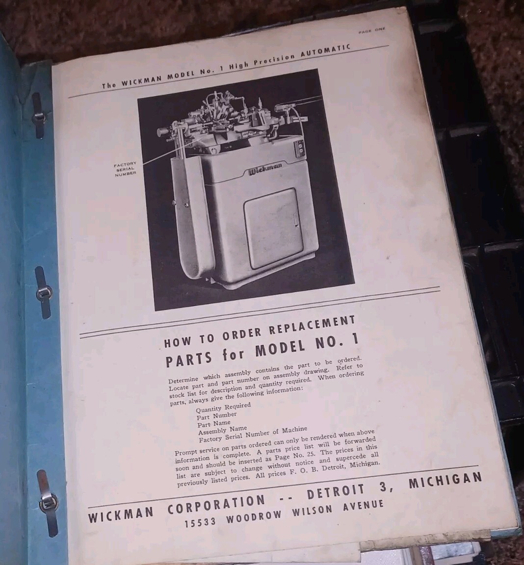 WICKMAN CORPORATION DETROIT Parts Catalog Model No 1 High Precision Automatic