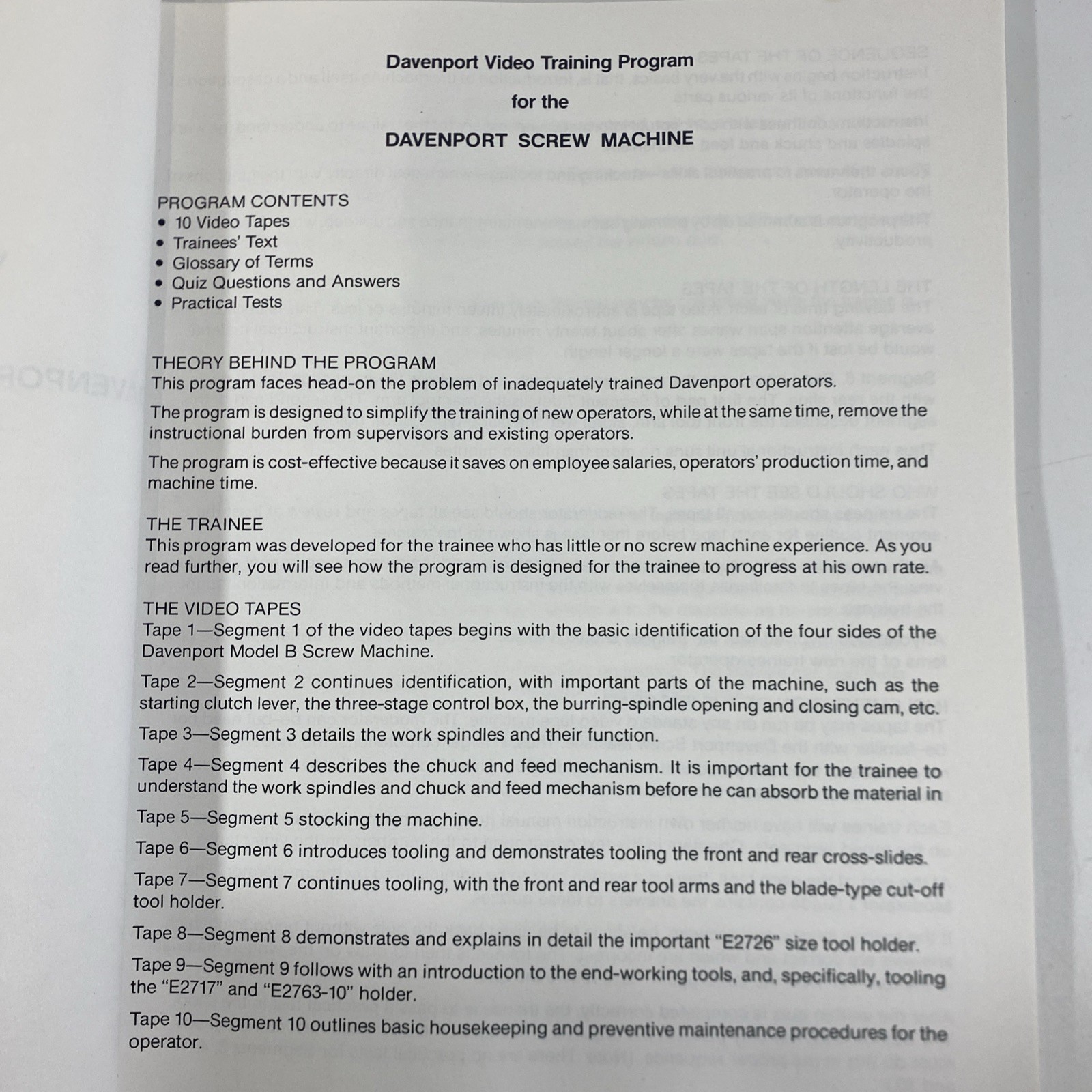 Vtg Davenport 5 Spindle Automatic Screw Machine Operators Training Manual