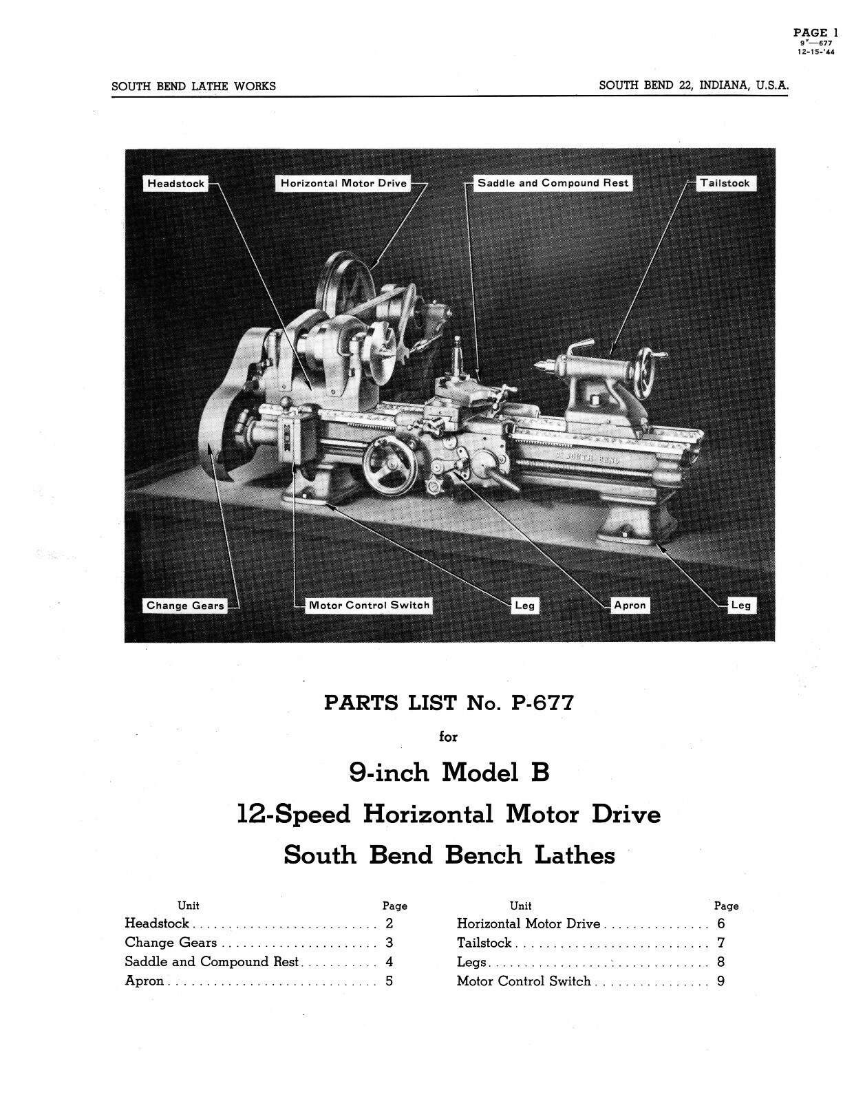 South Bend 9″ Model B Lathe 12 Speed Replacement Parts Manual #1175