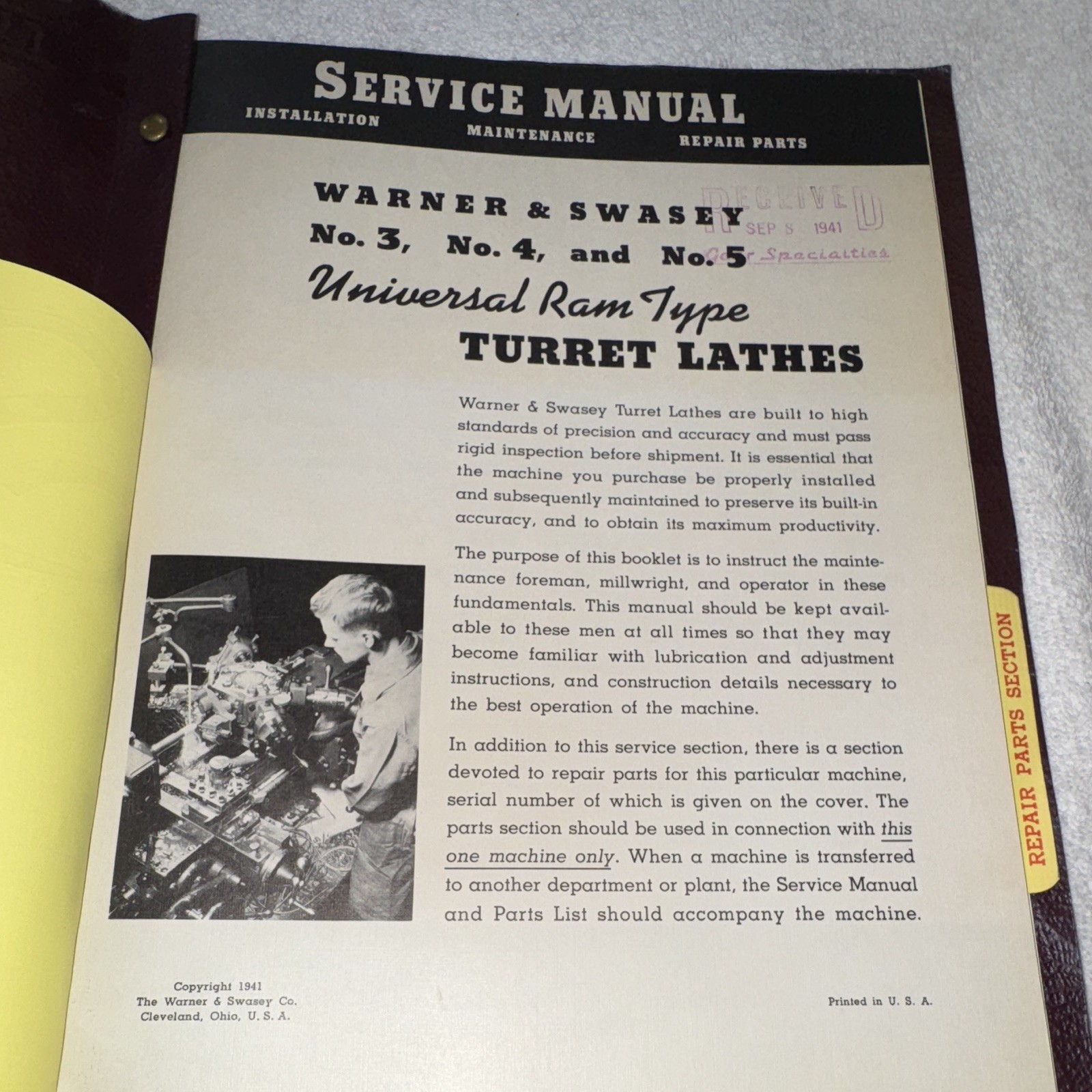 1941 Warner & Swasey No. 3 Universal Ram Type Turret Lathe Service Manual