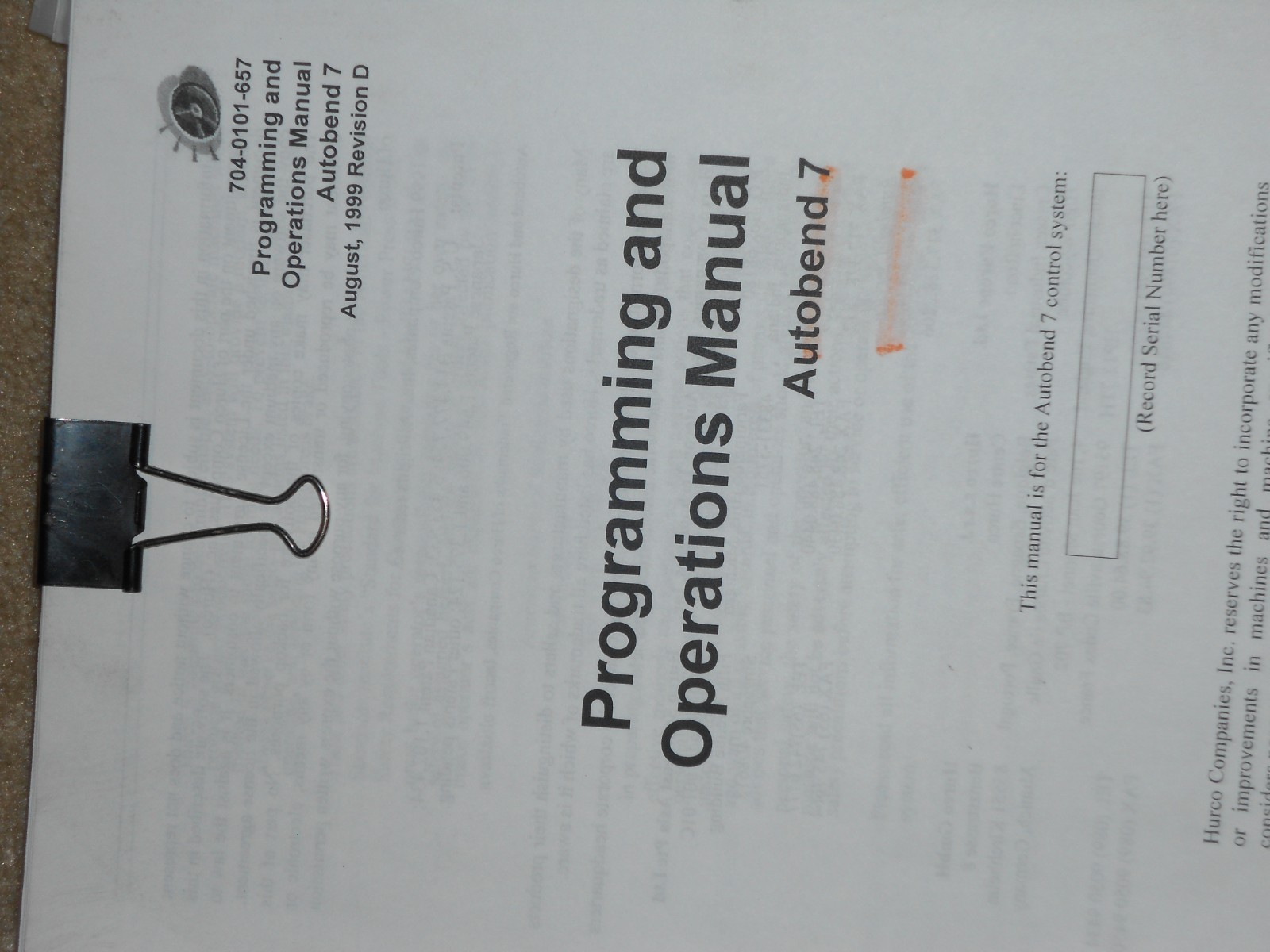 2 – Hurco Autobend 7 Press Brake Programming And Operations Manual