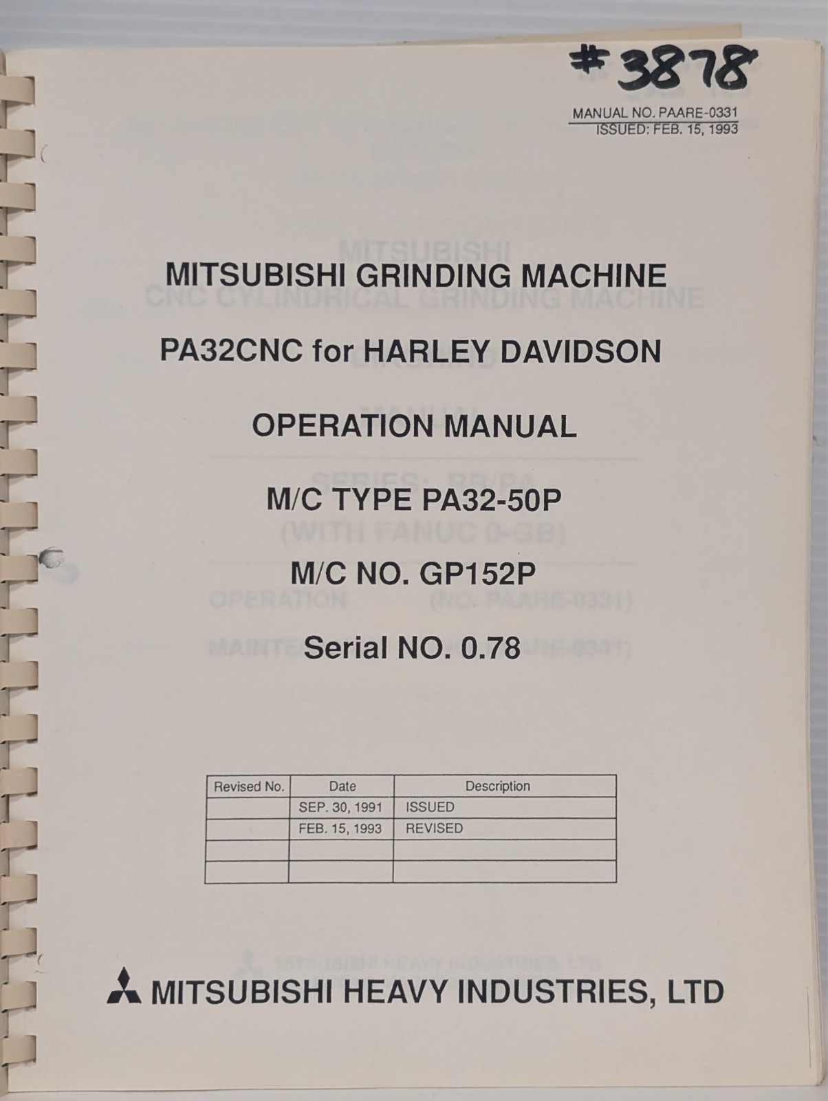 Mitsubishi PA32CNC Grinding Machine Harley Davidson Operation Manual PA32-50P