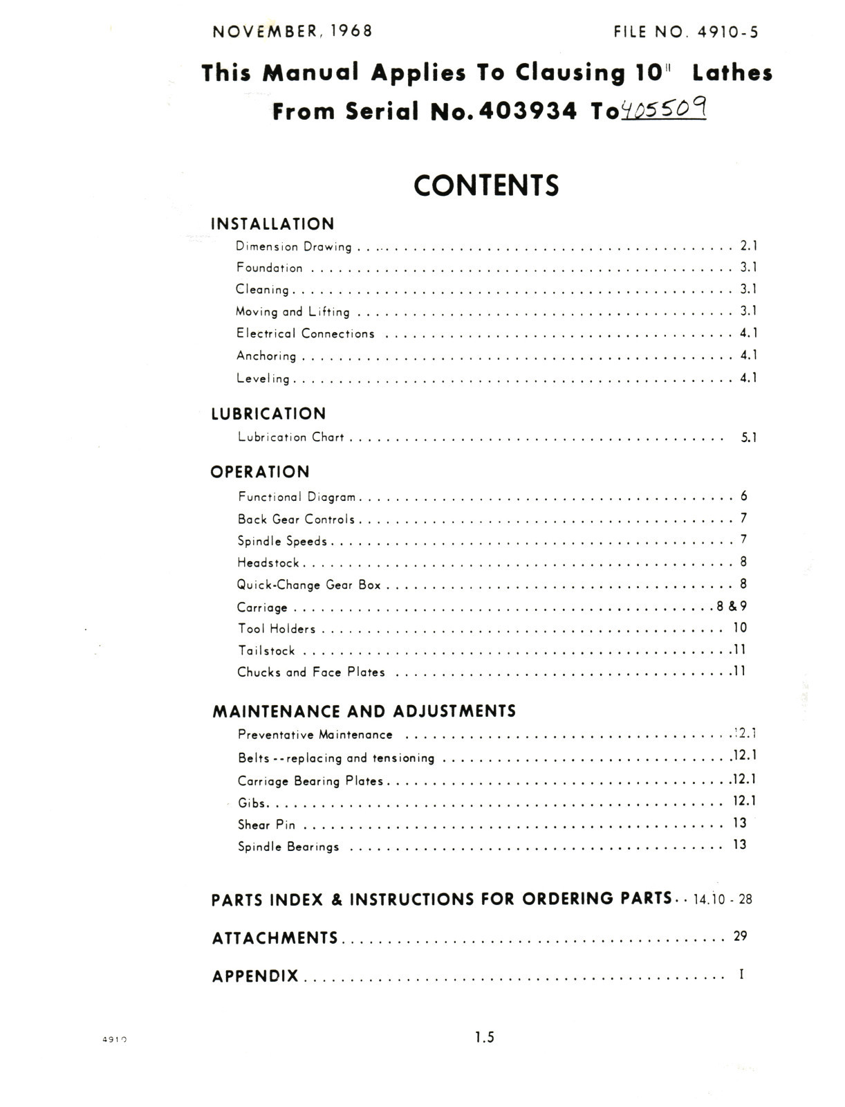 Clausing 10″ Lathe 4900 Series S/N: 403934-405509 Op and Parts List Manual #1462