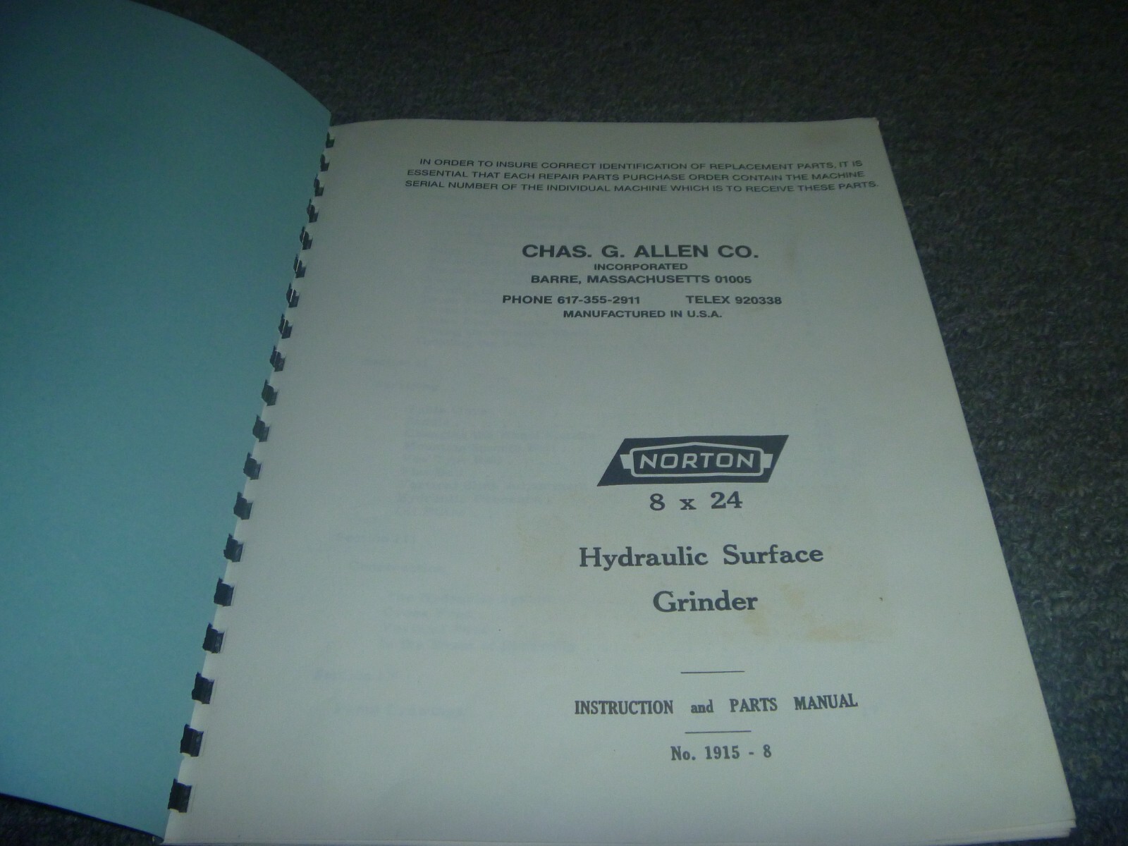 Norton 8×24 Hydraulic Surface Grinder Parts Catalog & Operator Manual 1915-8 xz