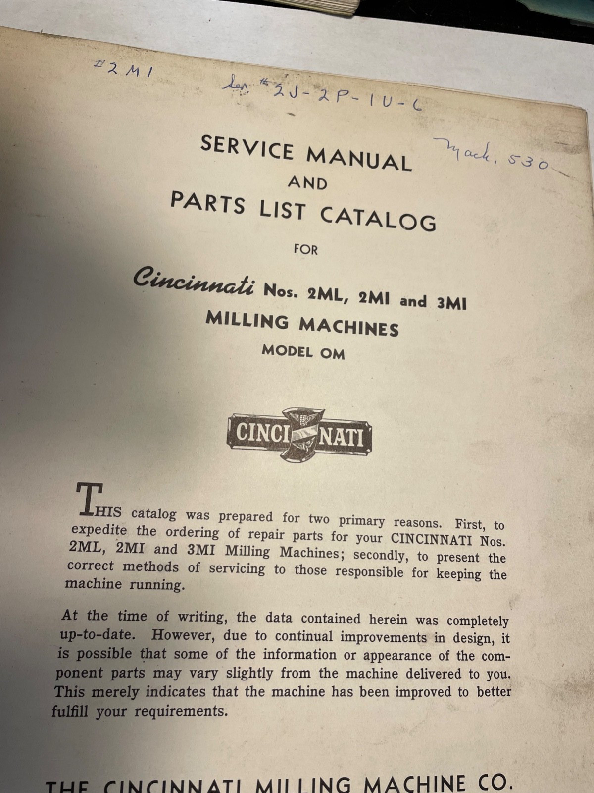Cincinnati 2ML 2MI 3MI Milling Machine Parts Catalog & Service Repair Manual