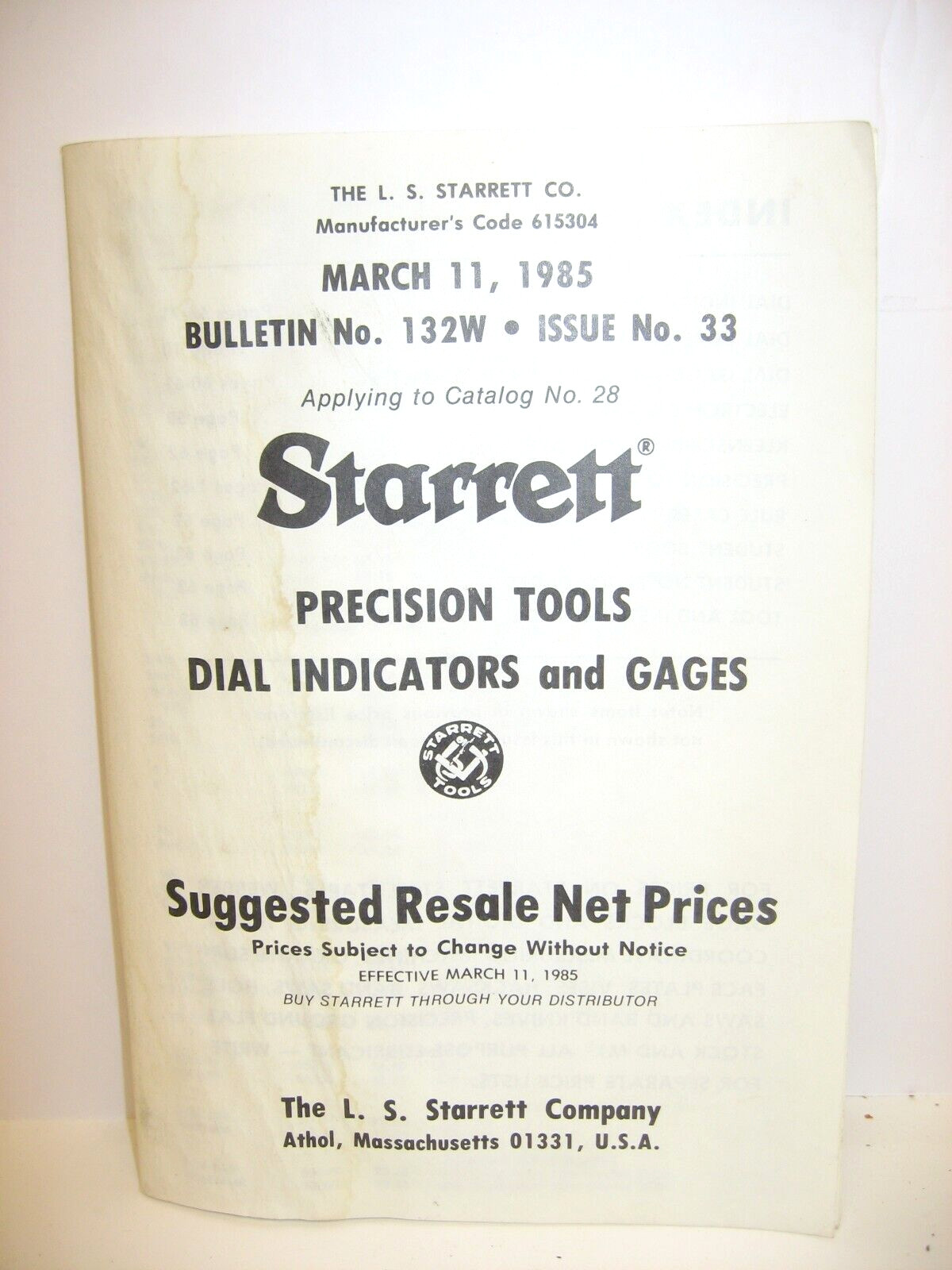 1985 Starrett Tools, Bulletin No 132W. Iss No 33, Resale Net Prices (Cat No 28)