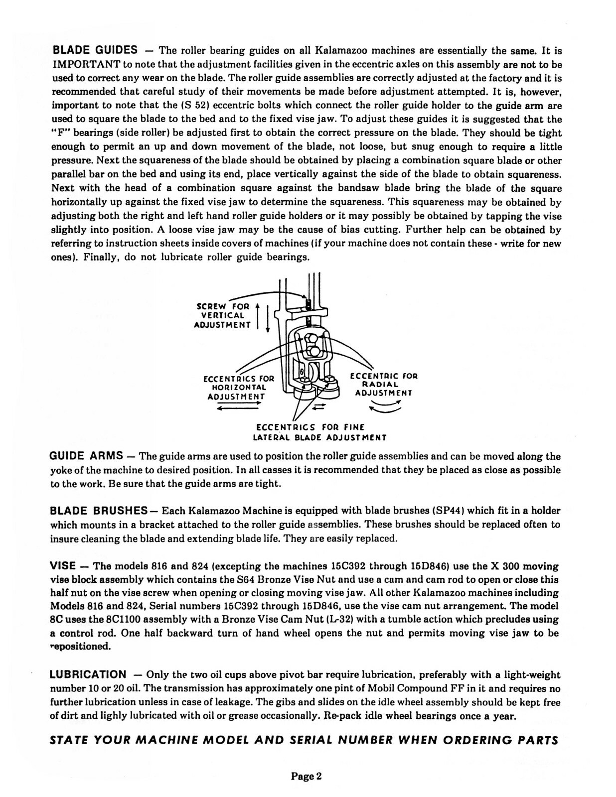 Kalamazoo 8C Bandsaw Service Manual & Parts List Manual #1711
