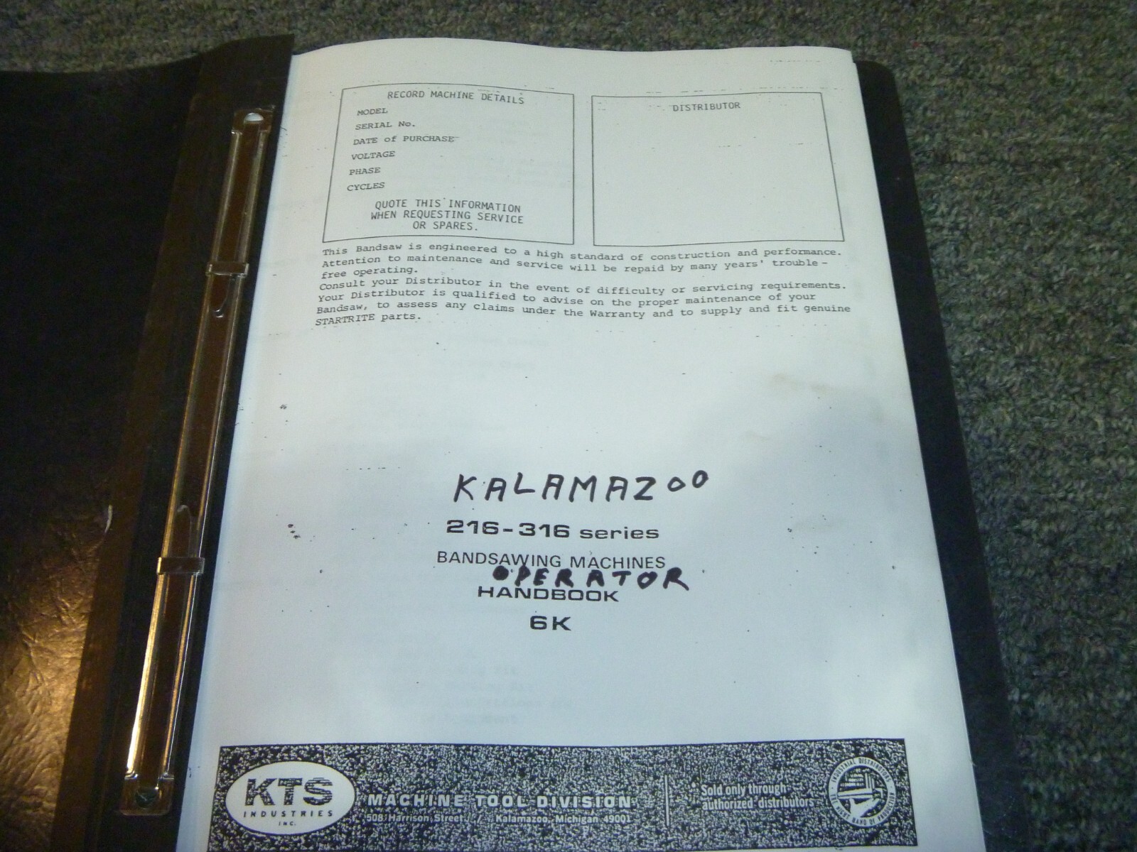 Kalamazoo 216 & 316 Series Band Saw Owner Operator Manual Handbook 6K