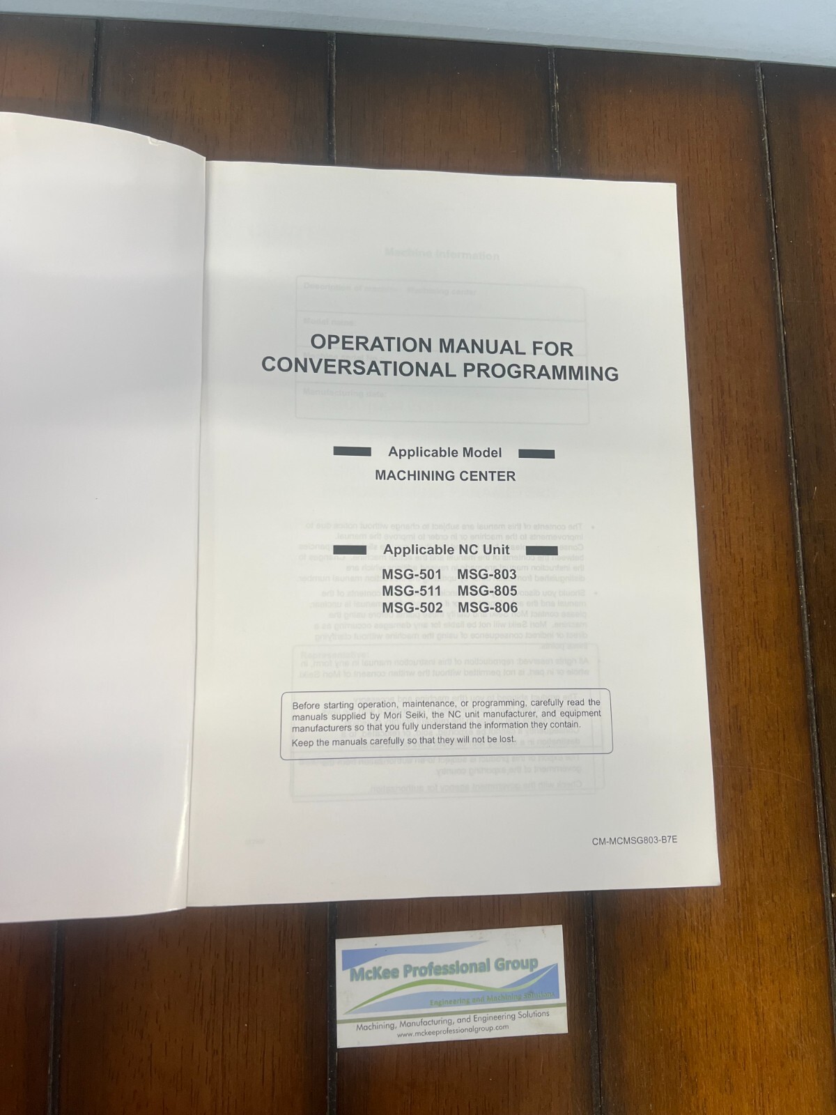 Mori Seiki CM-MCMSG803 Operation Manual
