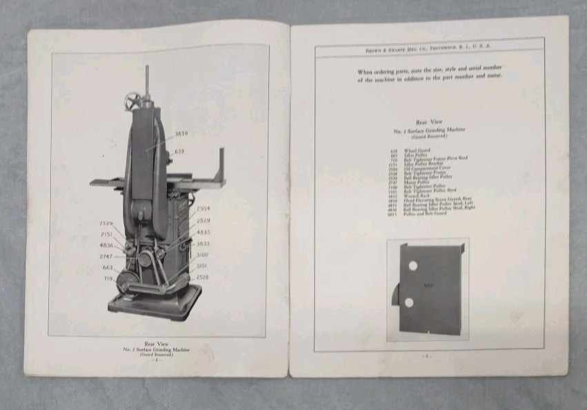 Brown & Sharpe Co. No. 2 & 2B Surface Grinding Repair Parts Manual Vintage