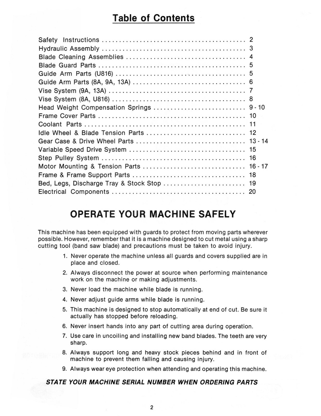 Kalamazoo Horizontal Bandsaws 8A, 9A, 13A, U816 Illustrated Parts Manual #1713