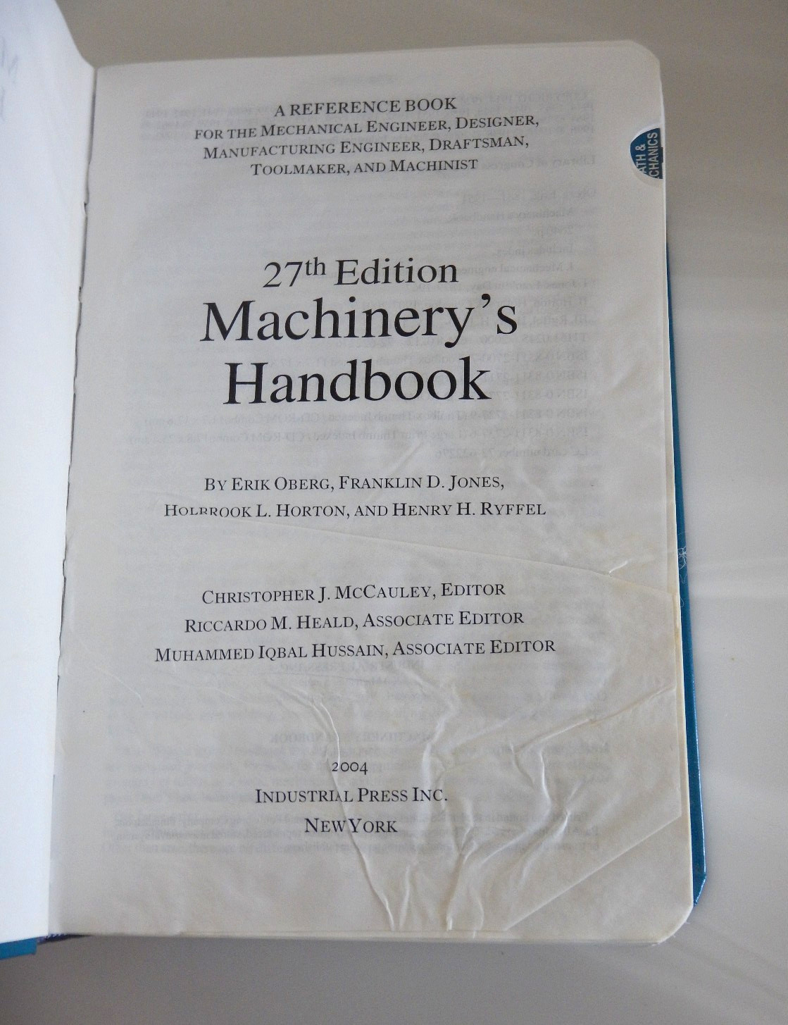 27th Ed. Machinery’s Handbook by Industrial Press Hardback Book 2693 pages 2004