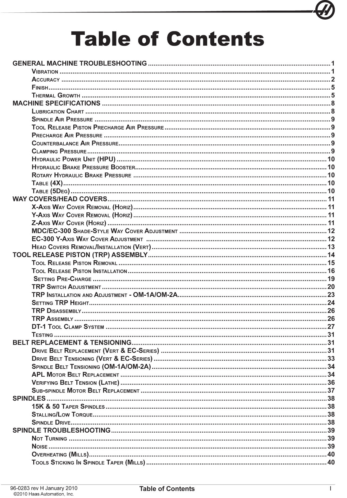 Haas CNC Mill & Lathe Service Manual Mechanical Jan 2010 #1743