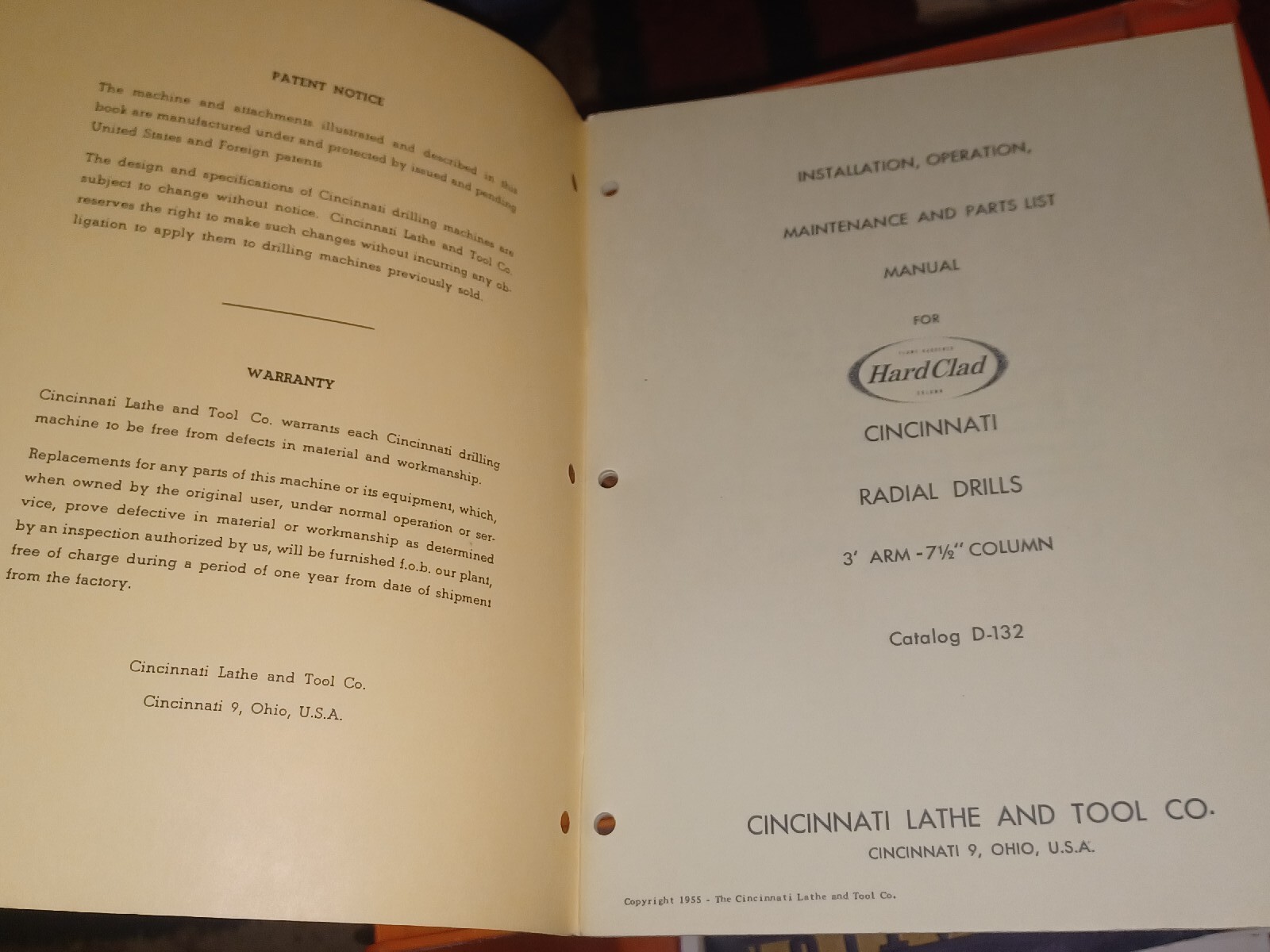 3′ 7 1/2″ CINCINNATI LATHE TOOL COMPANY RADIAL DRILL CATALOG D-132 Book ORIGINAL