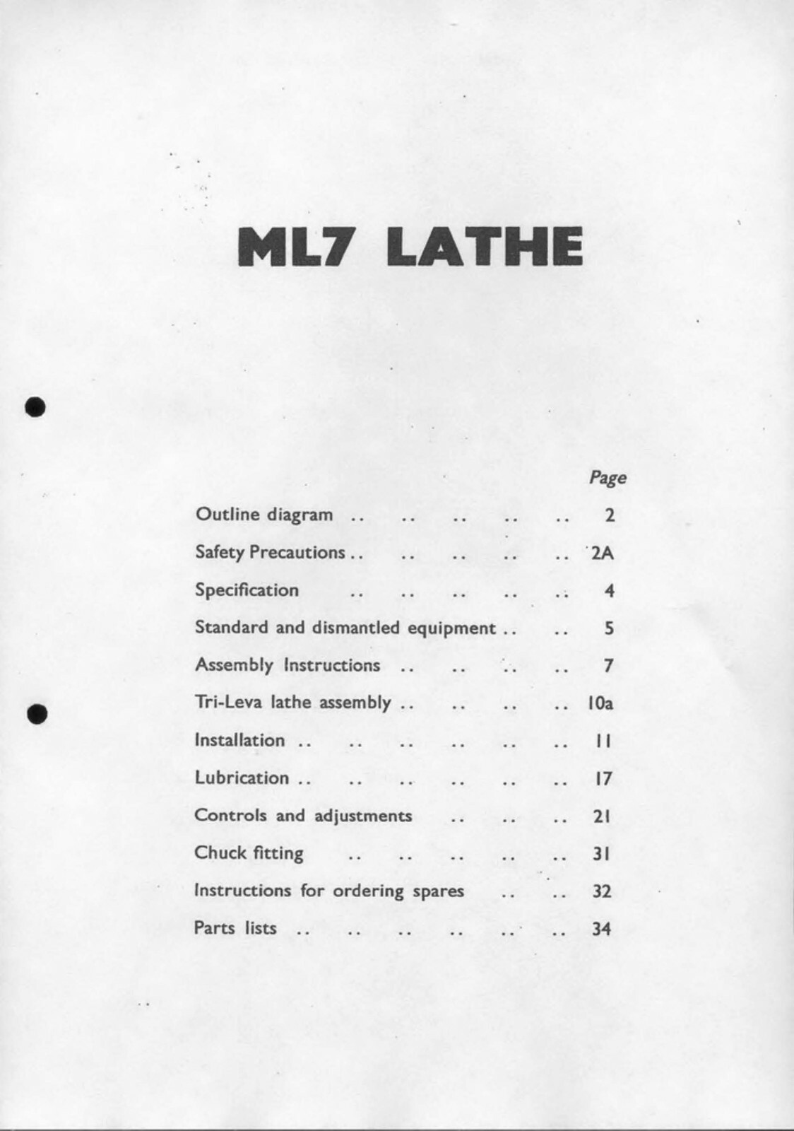 Operation, Installation & Parts List Manual Myford ML7 3 ½ inch Centre Lathe