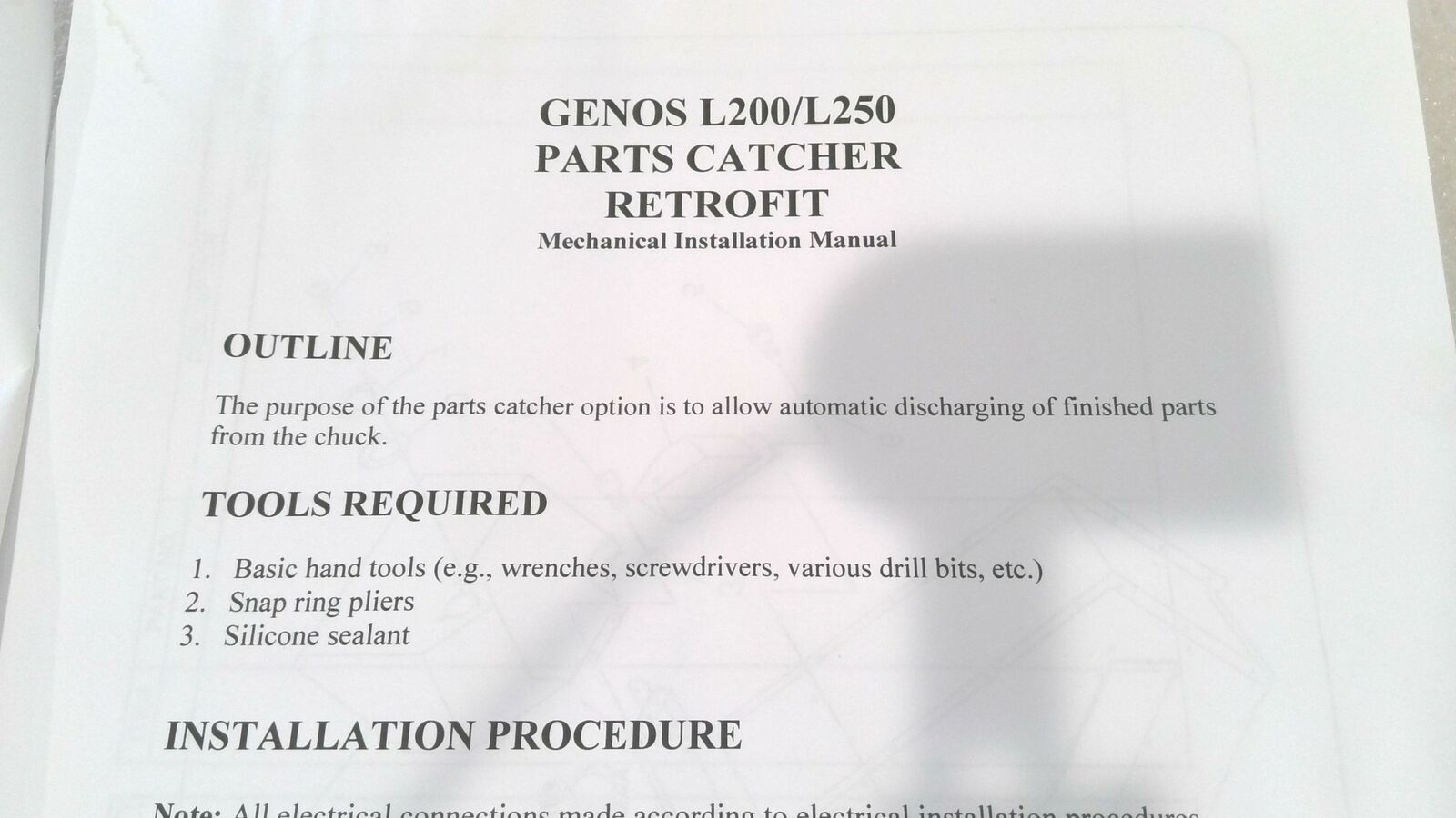 CNC LATHE GENOS L200/L250 PARTS CATCHER MECHANICAL RETROFIT MANUAL P-K5D1-003-E-