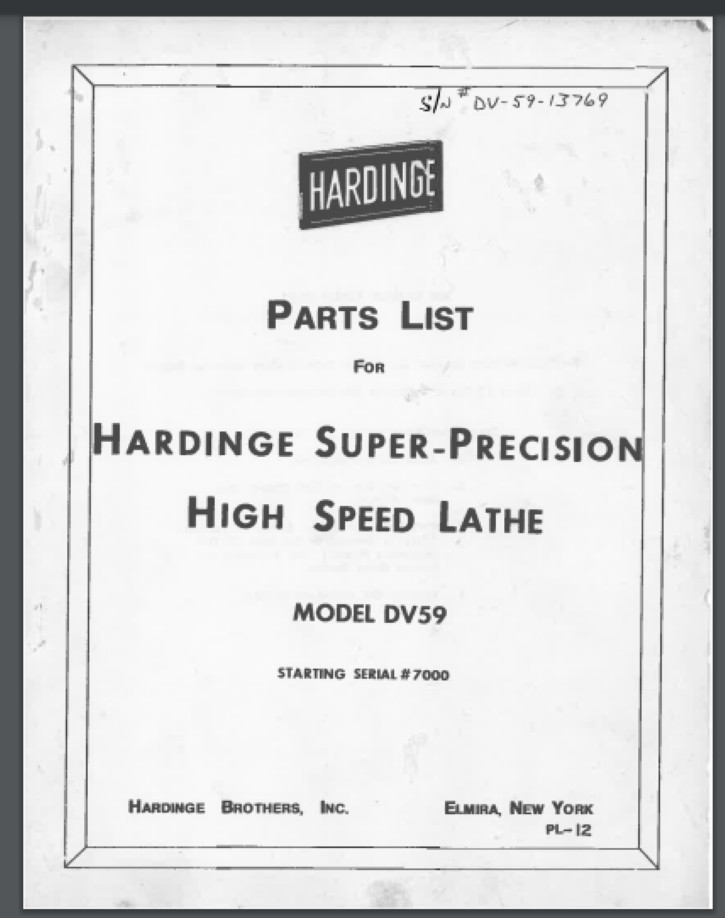 Hardinge DV59 parts list MANUAL 36 pages. comb bound gloss protective cover