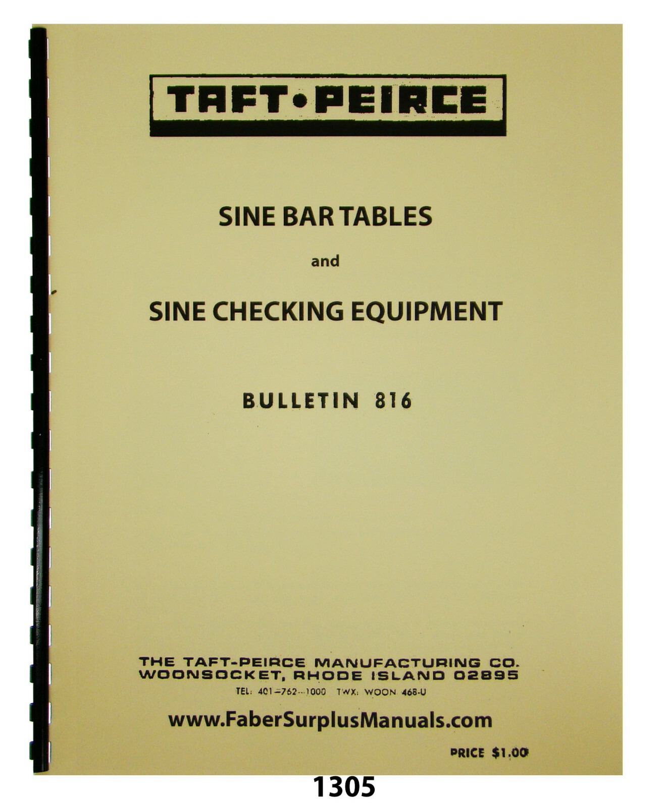 Taft-Peirce Sine Bar Tables & Sine Checking Equipment Manual #1305
