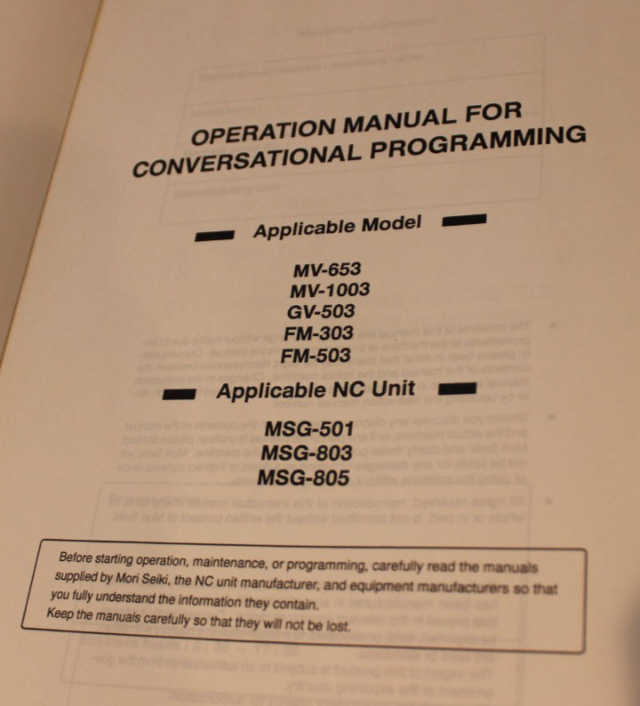 Mori Seiki MV, GV, FM Operation Manual
