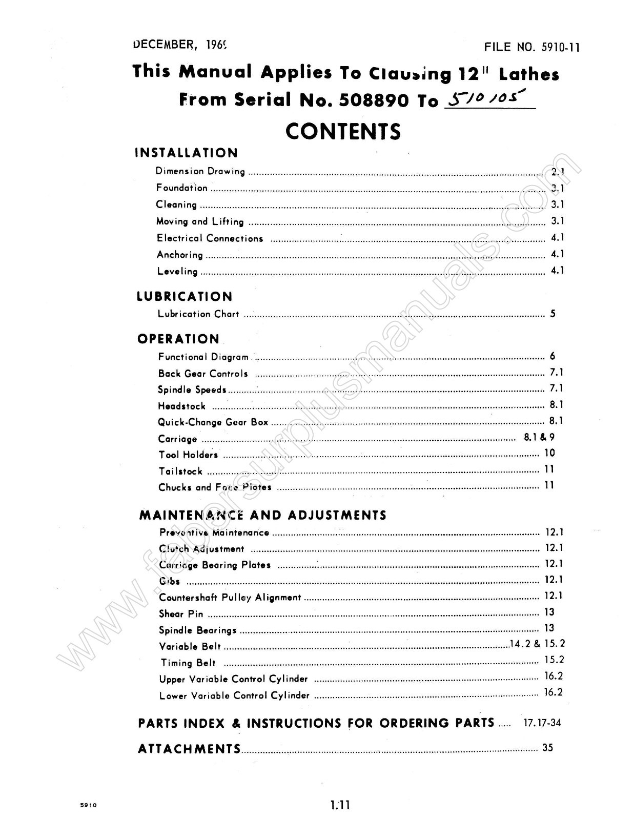 Clausing 12″ Series 5900 Vari Speed Lathe Service & Parts Manual *834