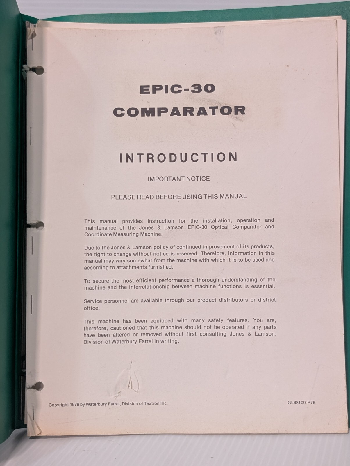 Jones & Lamson Parts & Service Manual for Epic-30 Optical Comparator