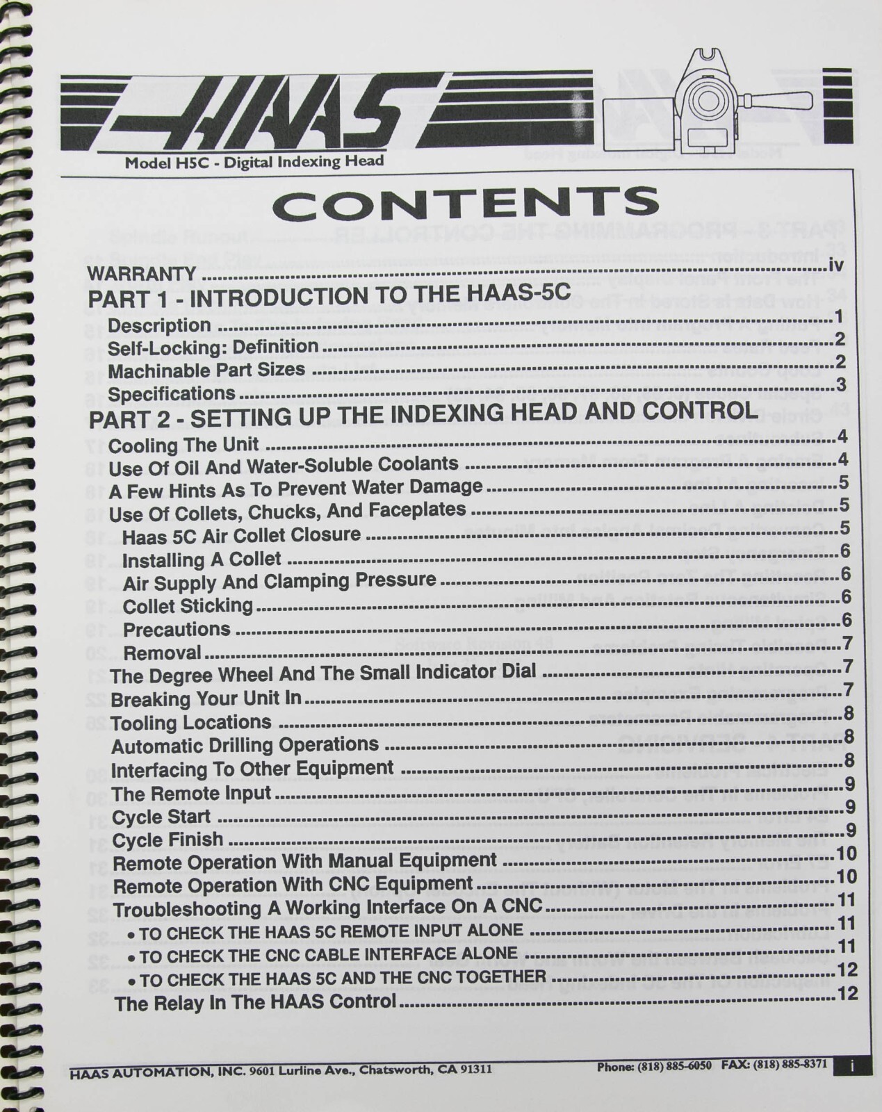 Haas H5C Indexing Head Model Operators Programming & Servicing Manual 1992