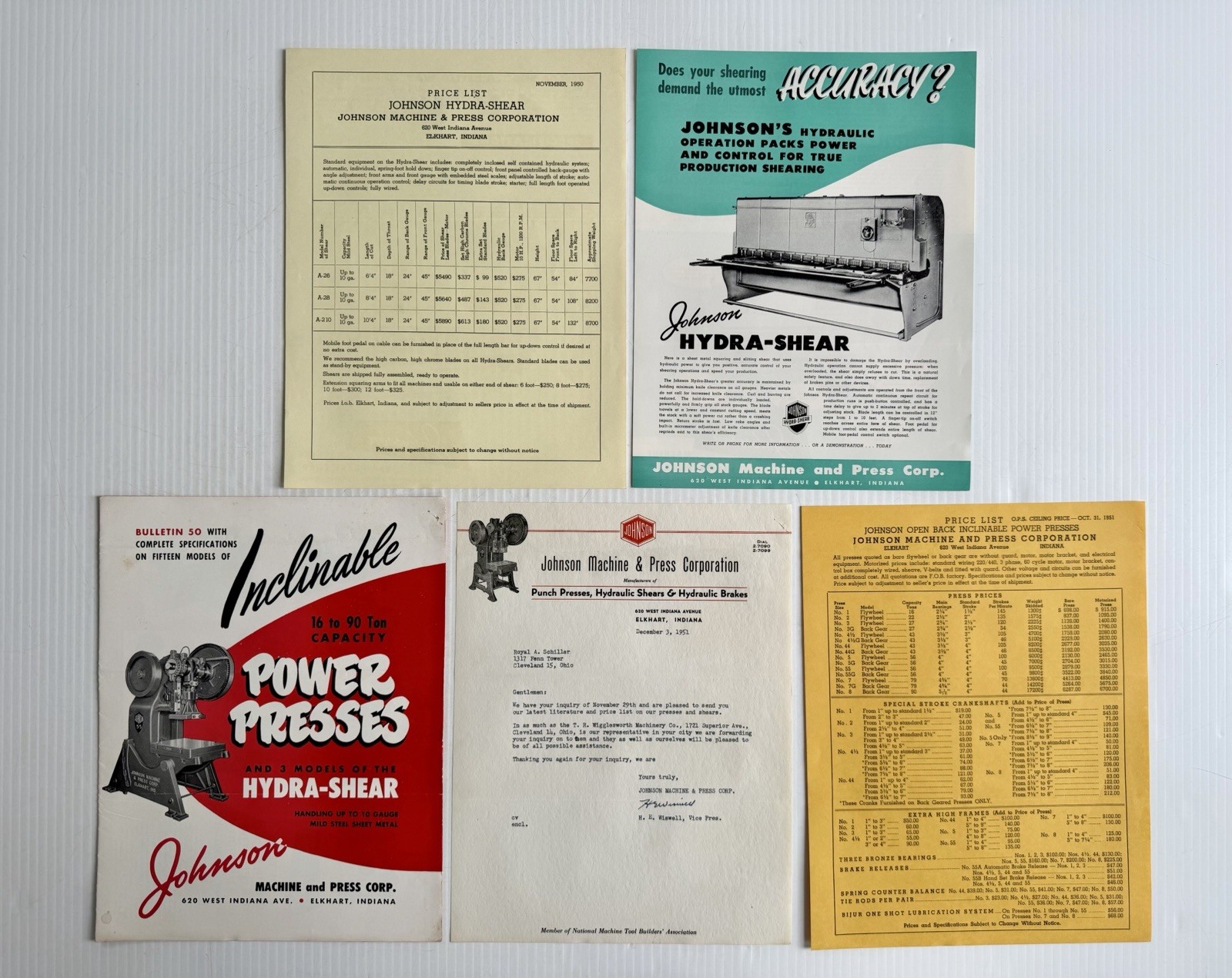 Lot Vtg 1951 Johnson Machine & Press Corp Brochure, Price List, Letterhead Etc