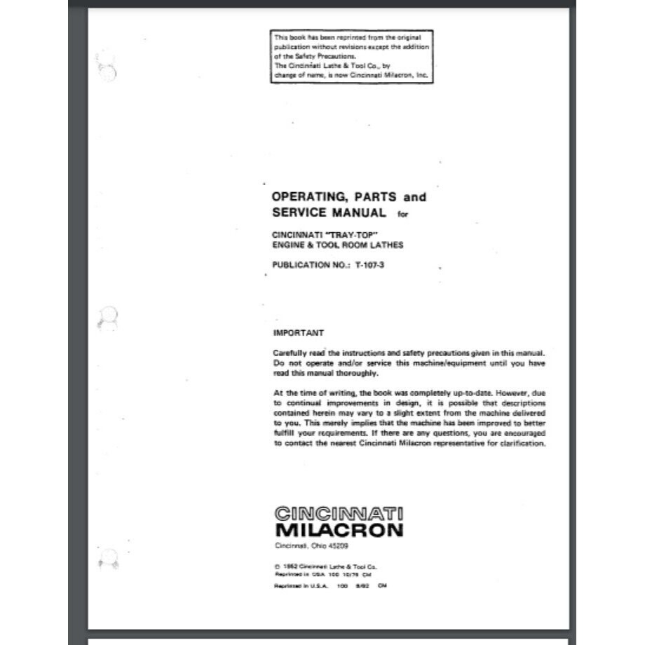 CINCINNATI Tray Top T 107-3 Metal Lathe Operator & Parts Manual 82 pages