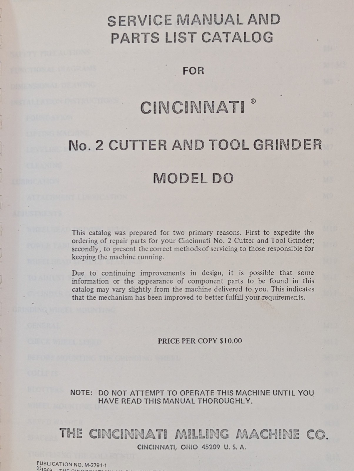 Cincinnati Milling Machine No.2 DO, Cutter & Grinder Service Manual & Parts List