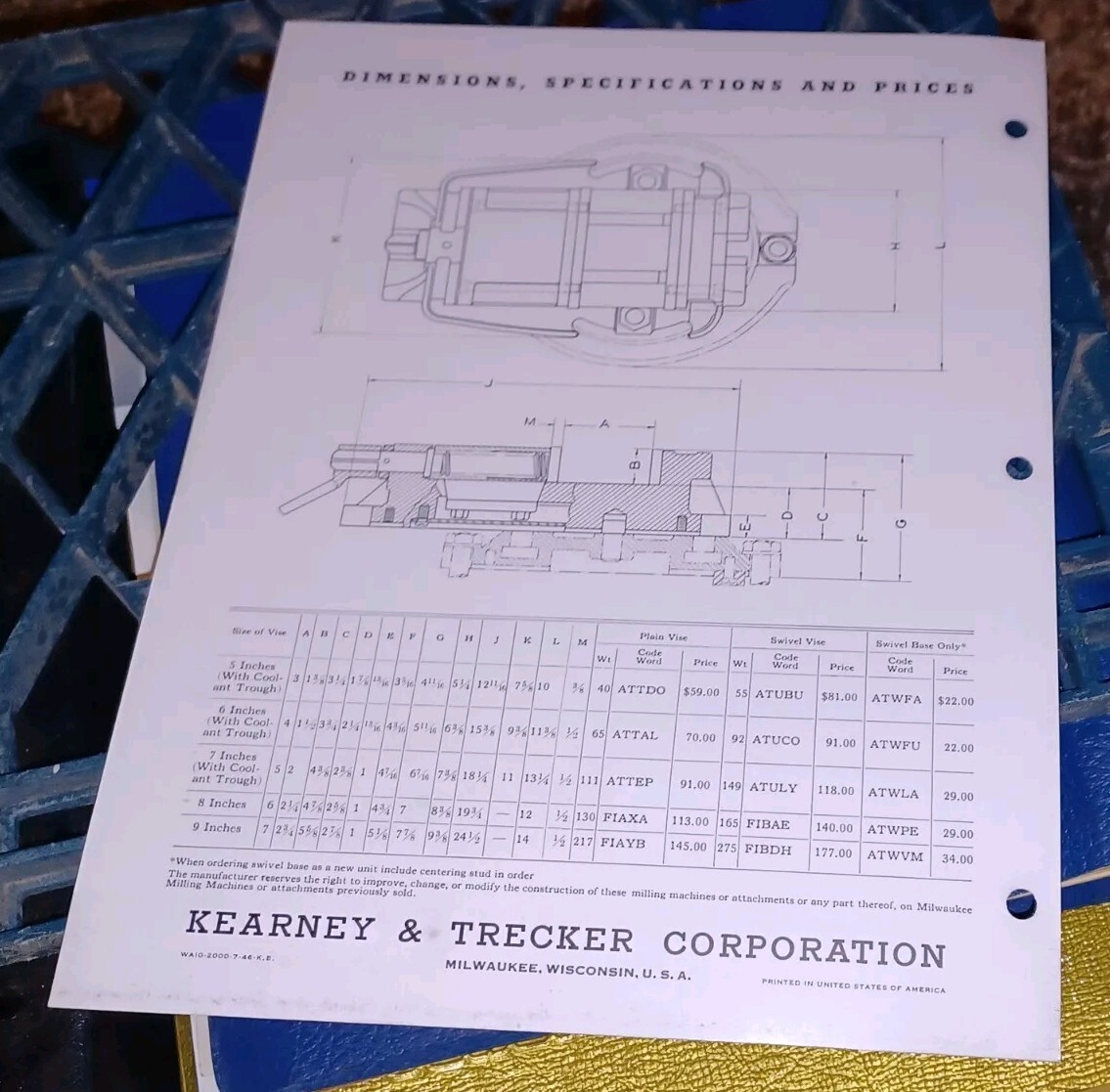 KEARNEY TRECKER MILWAUKEE Plain Swivel Vises BULLETIN Wa-10 CATALOG Sales Flyer