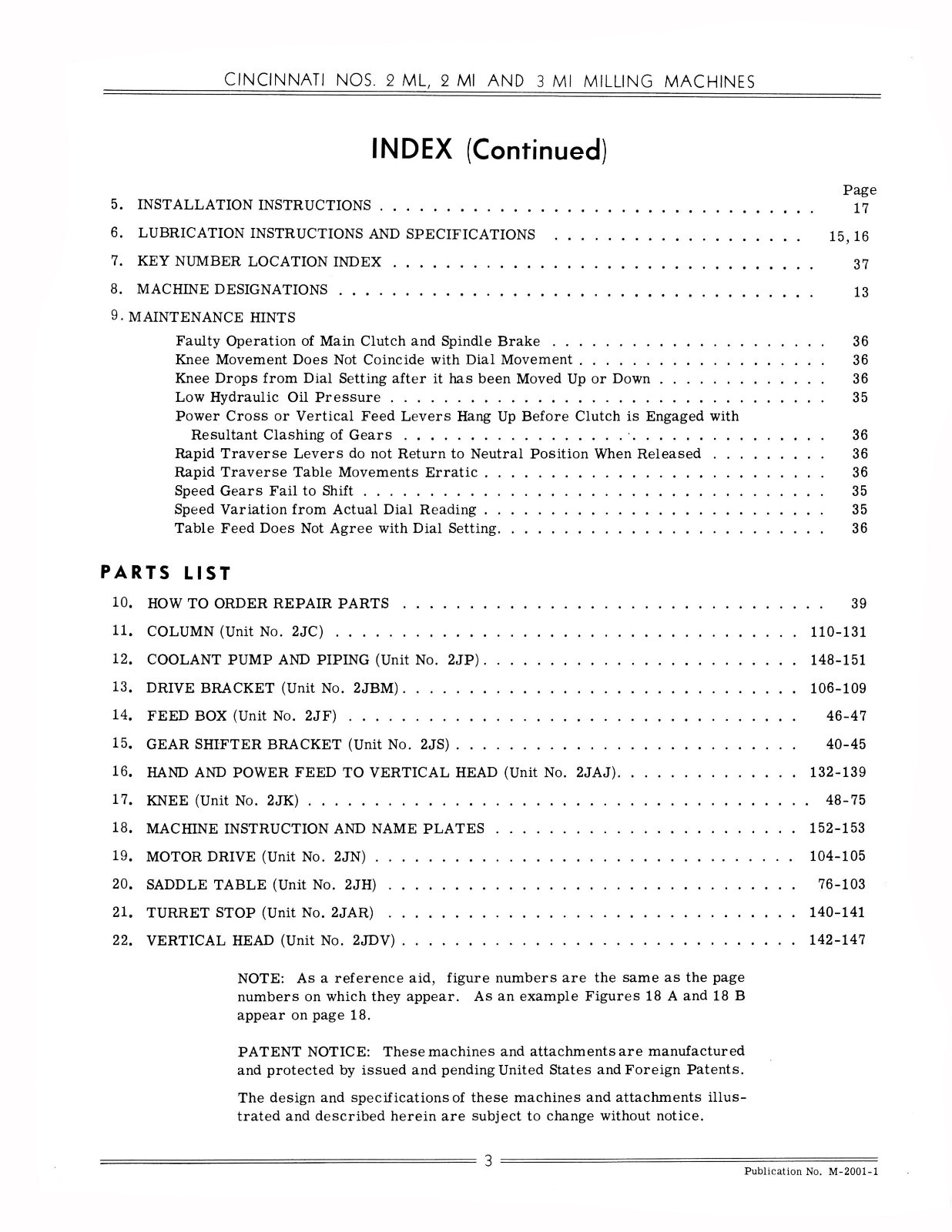 Cincinnati Milling Machine Nos. 2ML, 2MI, & 3MI Service Manual Parts List *384