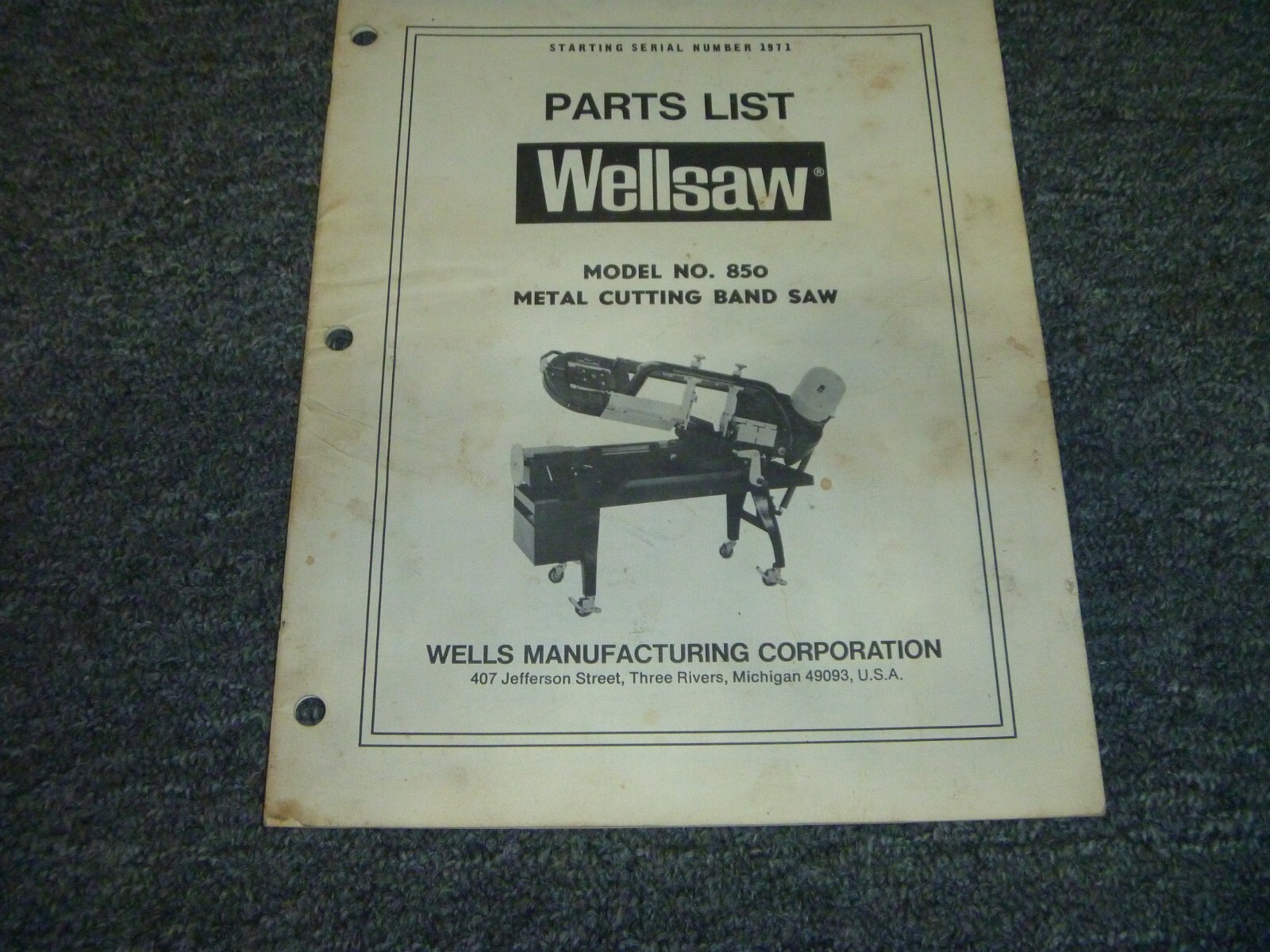 Wellsaw Model No. 850 Metal Cutting Band Saw Parts Catalog Manual List