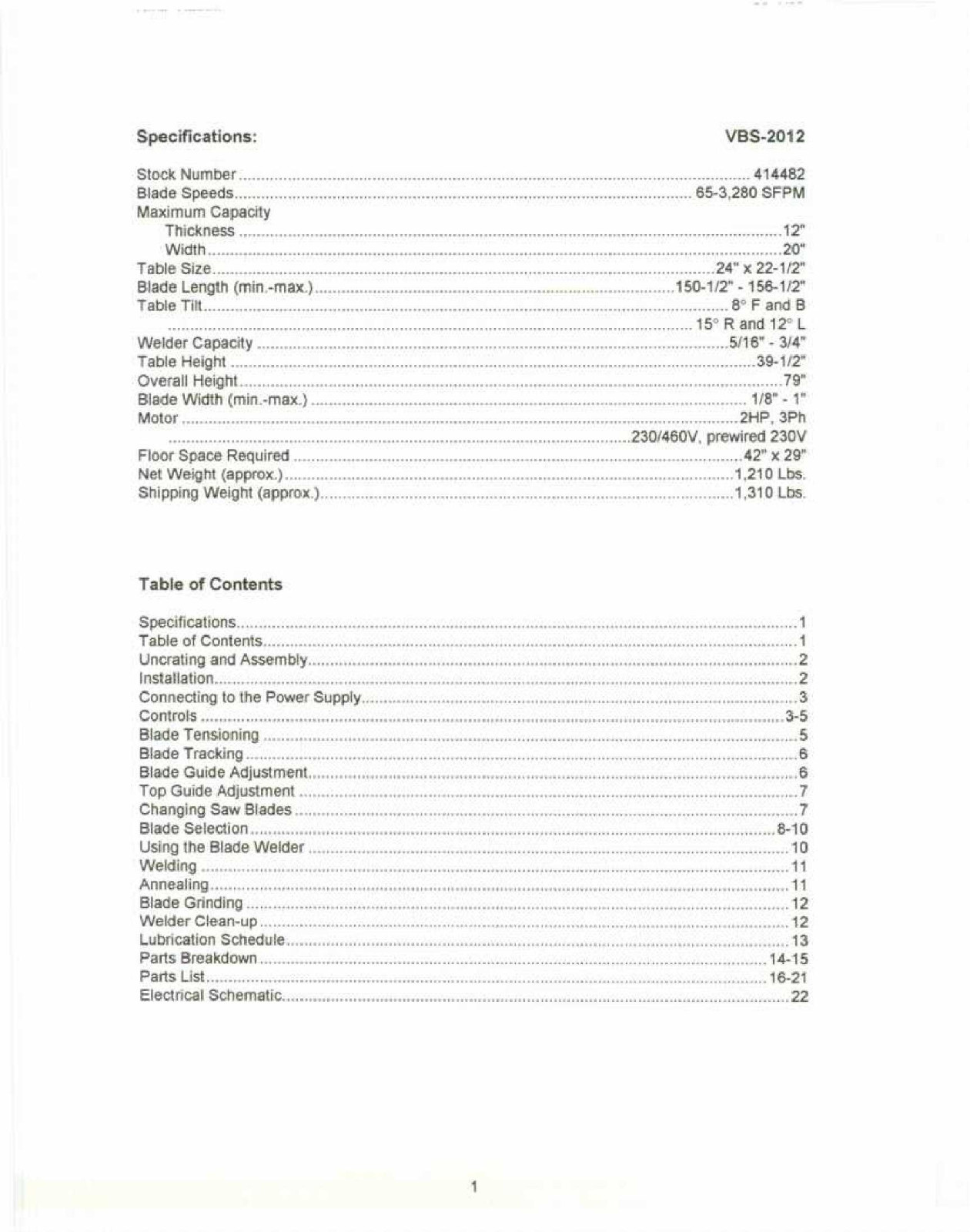 Jet VBS-2012 Band Saw Operators & Parts List Manual *236