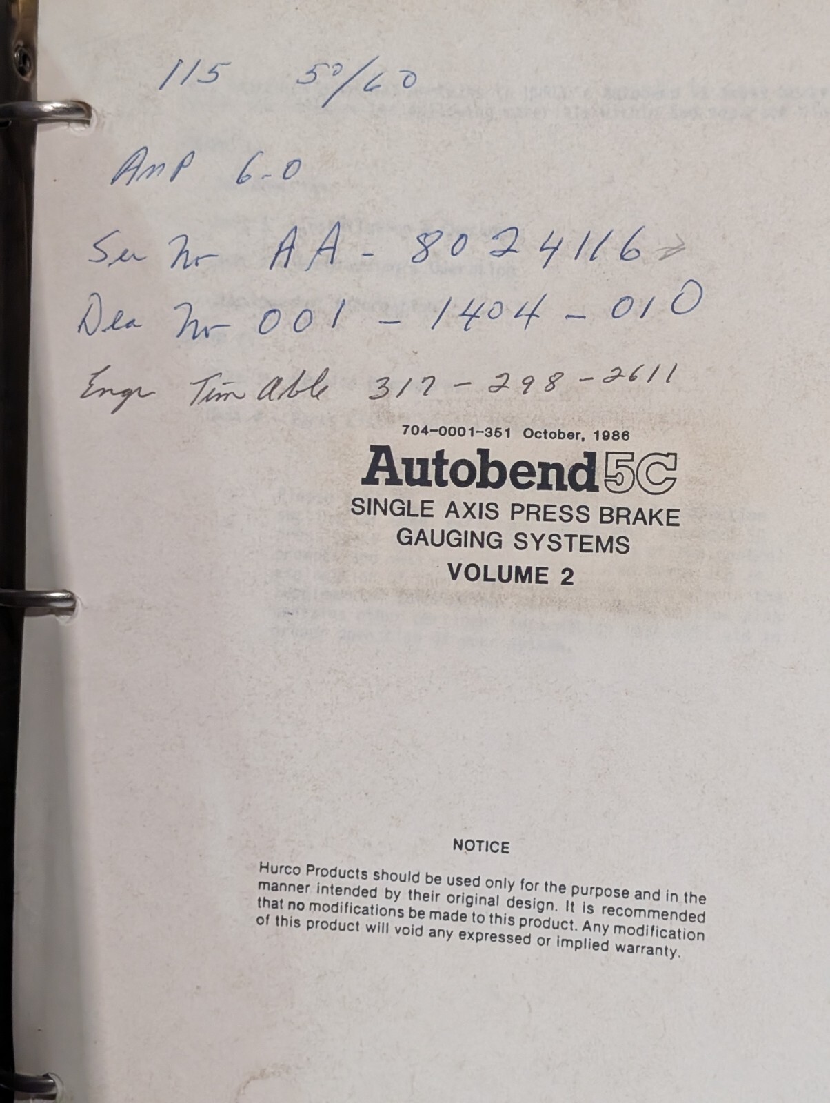 Hurco Autobend 5C Single Axis Press Brake Gauging System Owner’s Manual, Vol. 2