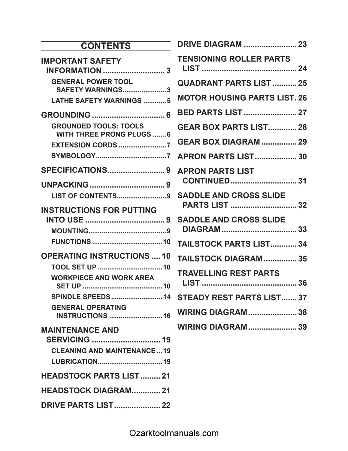 Central Machinery 9″ x 20″ Metal Lathe Model 45861 Owner Parts Manual 1564