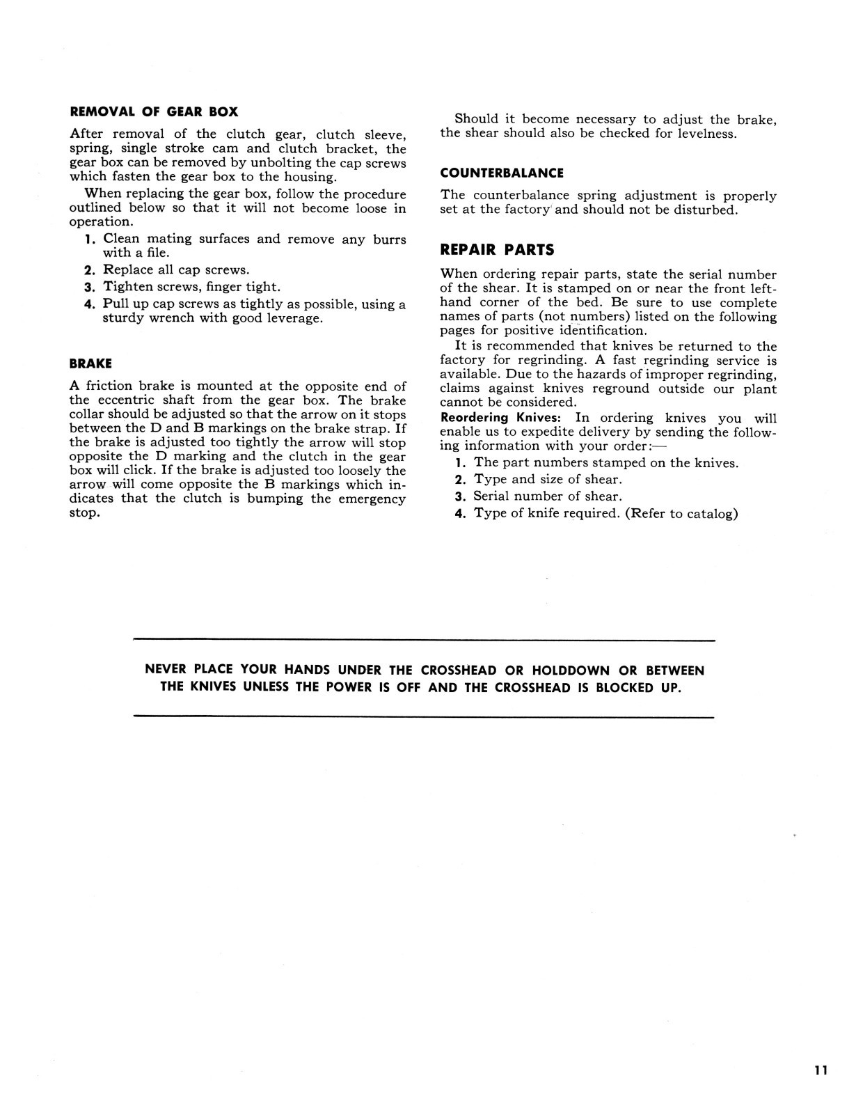 Niagara Power Squaring Shears Model H, I, J, K, & L Service & Parts Manual #139