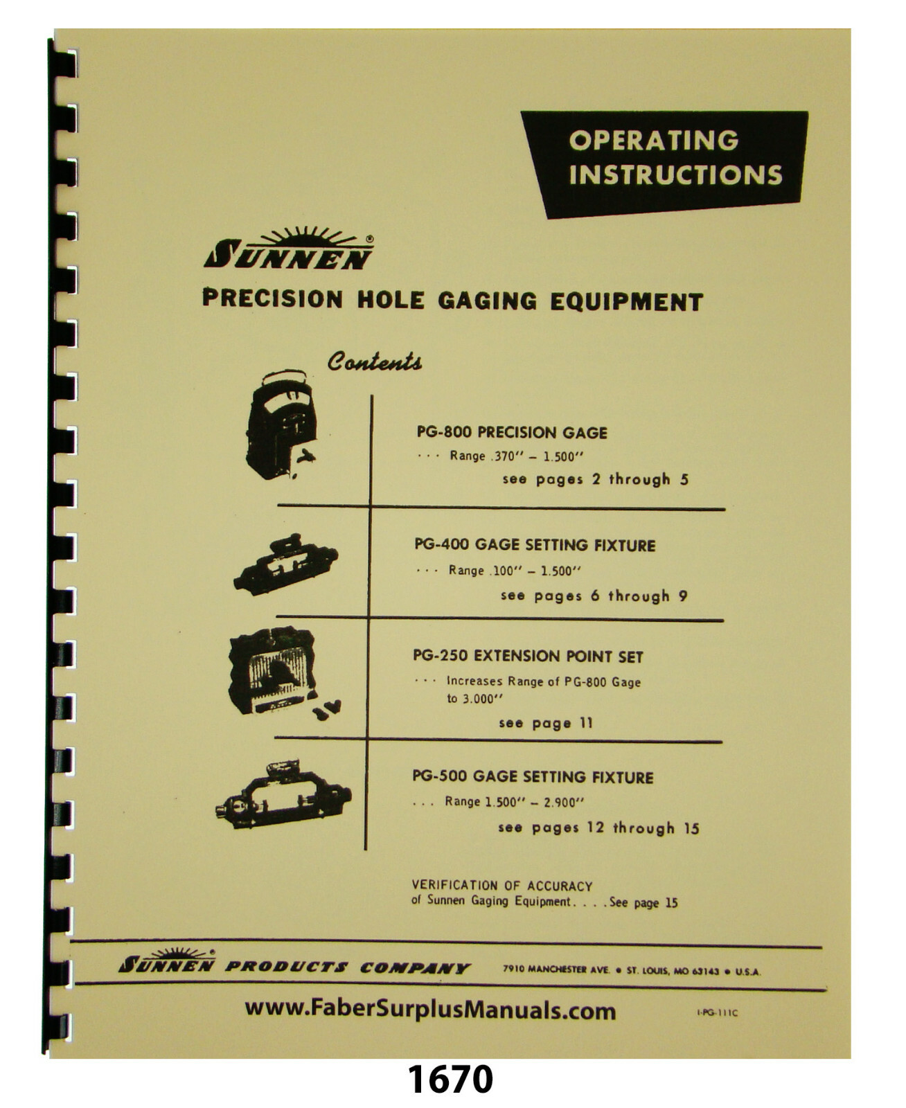 Sunnen Precision Hole Gaging Equipment Operating Instructions Manual #1670