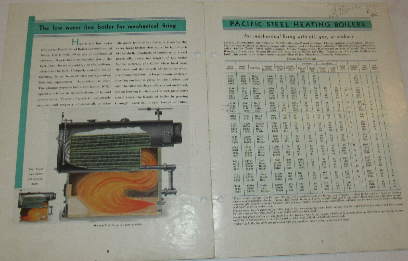 VINTAGE 1930 PACIFIC STEEL BOILER BROCHURE! THE LOW WATER LINE SERIES/PICS/SPECS
