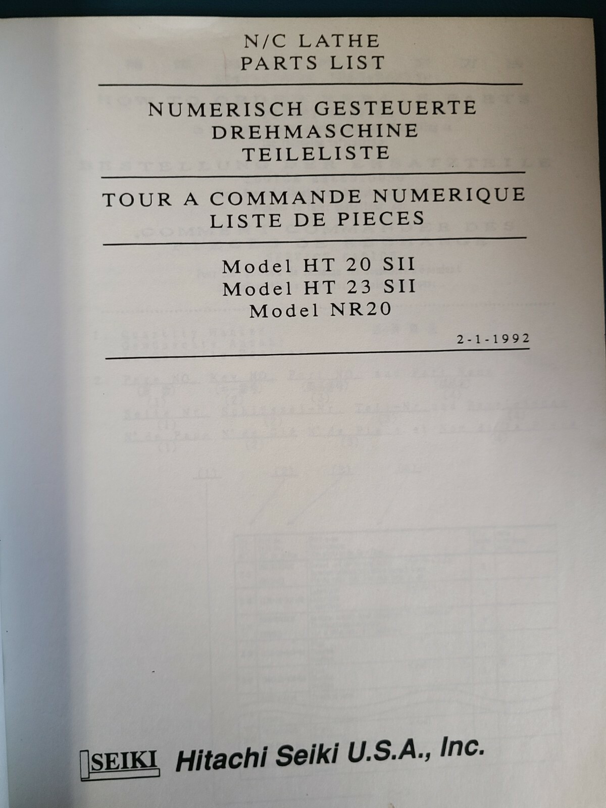 Hitachi Seiki Parts Manual Parts List HT 20 SII HT 23 SII NR20 Model ORIGINAL