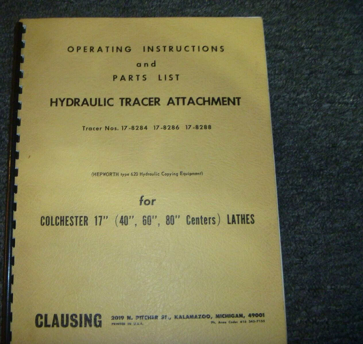 Clausing 17-8286 Tracer Attachment on Colchester 17″ Lathe Parts Operator Manual