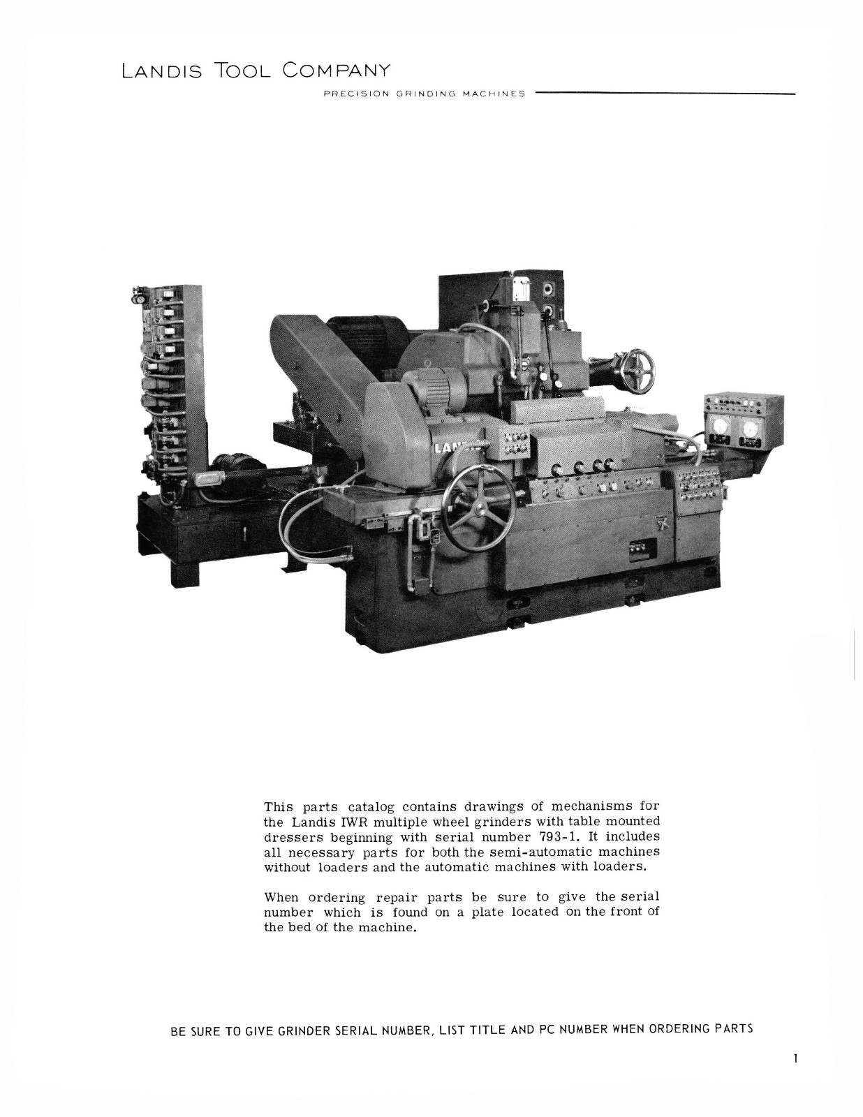 Landis Type IWR Multiple Wheel Grinders Parts List Manual *1083