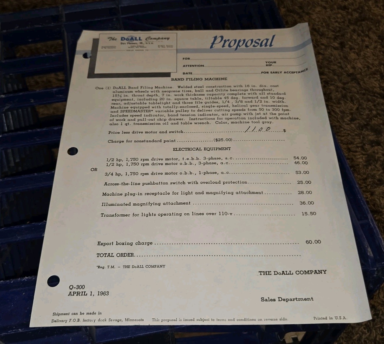 DoAll Band Saw Filing Machine 1963 SALE PROPOSAL Company Paperwook MACHINIST Vtg