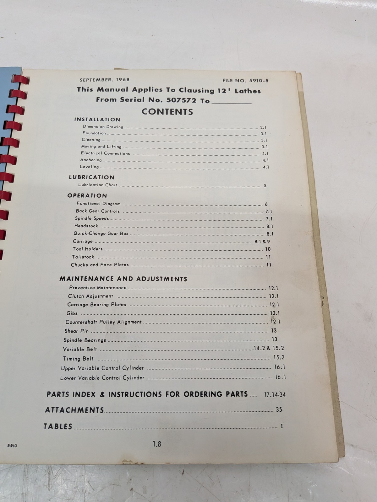 Clausing 5900 Series 12-inch Lathe Operating Instructions Parts Manual 1968