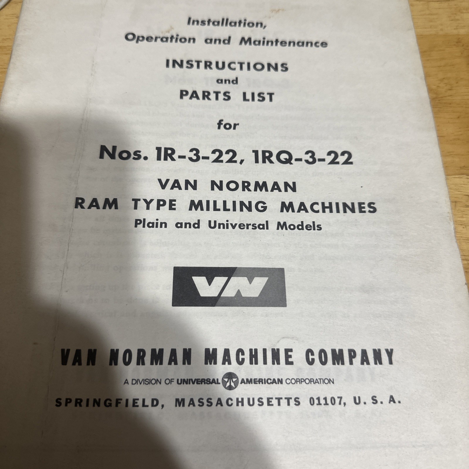 Van Norman Parts List NOS.1R-3-22 1RQ-3-22 Ram Type Milling Machine