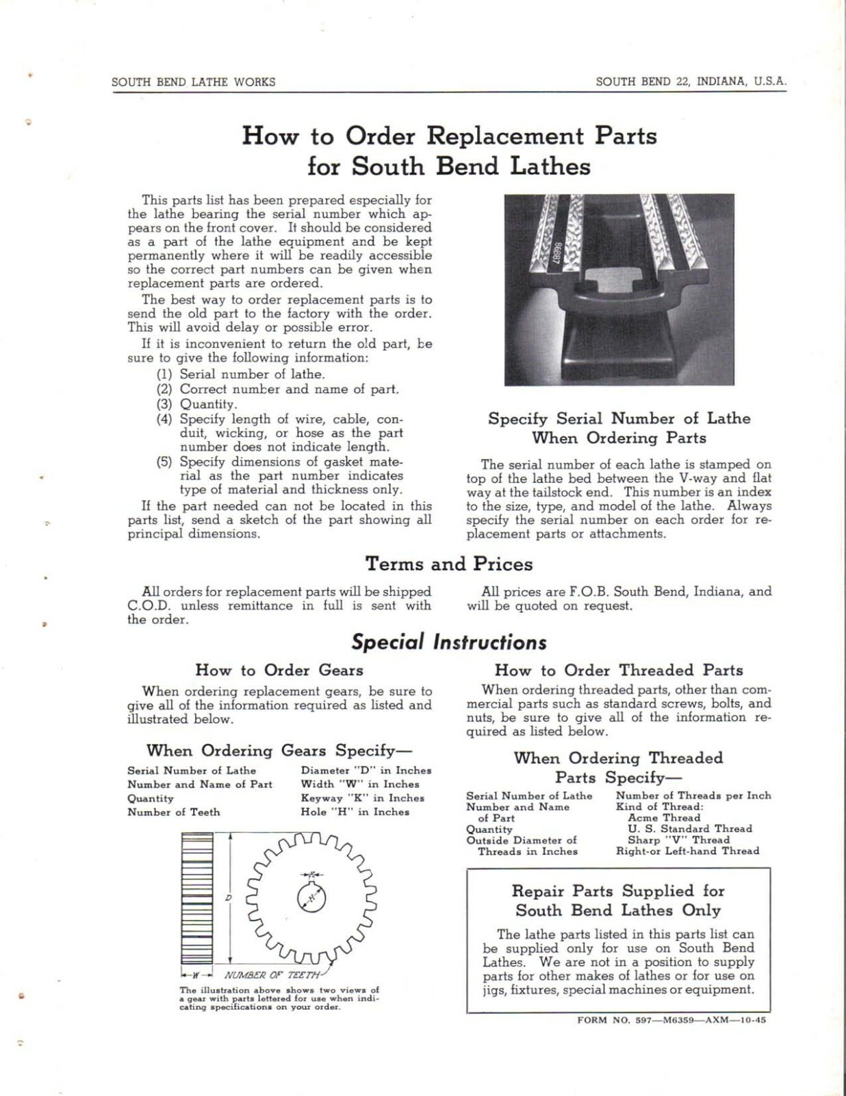 Manual 1945 South Bend Lathe No. P-344 – Parts List 9inch Model A Underneath Mot