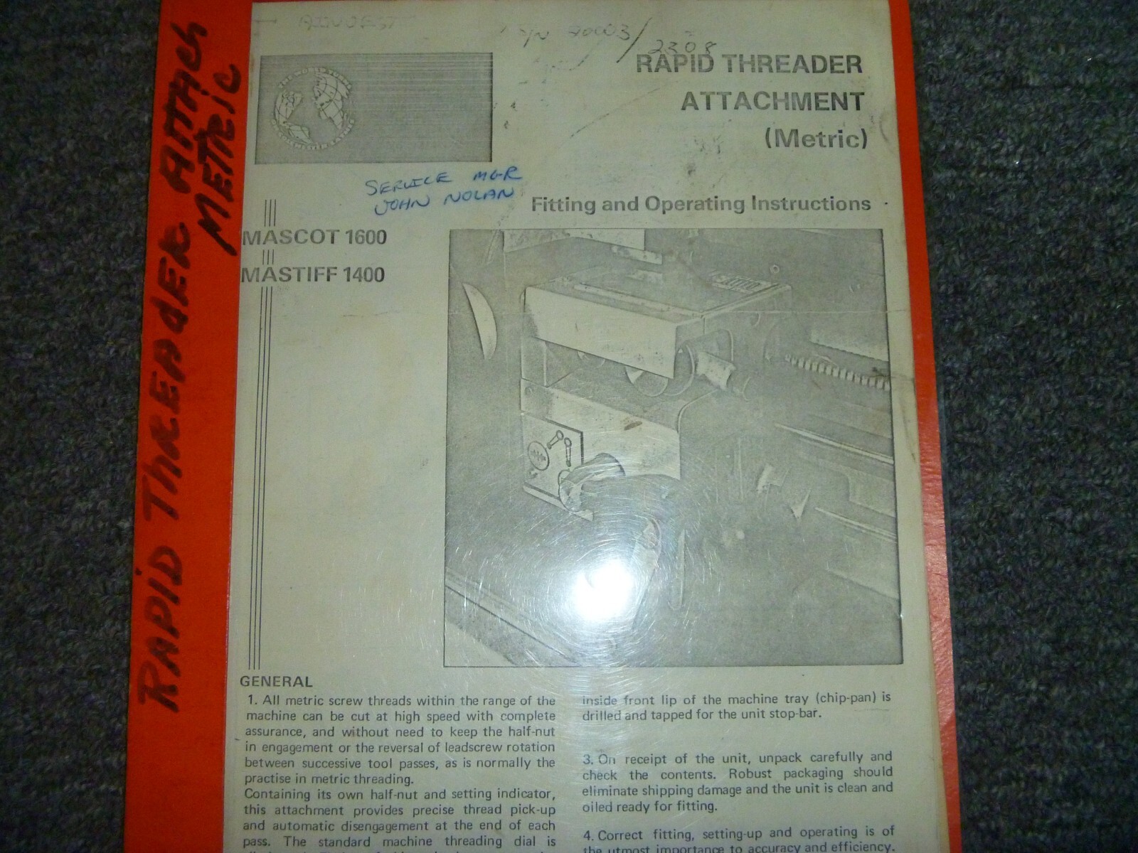 Colchester Mascot 1600 Lathe Rapid Threader Attachment Owner Operator Manual
