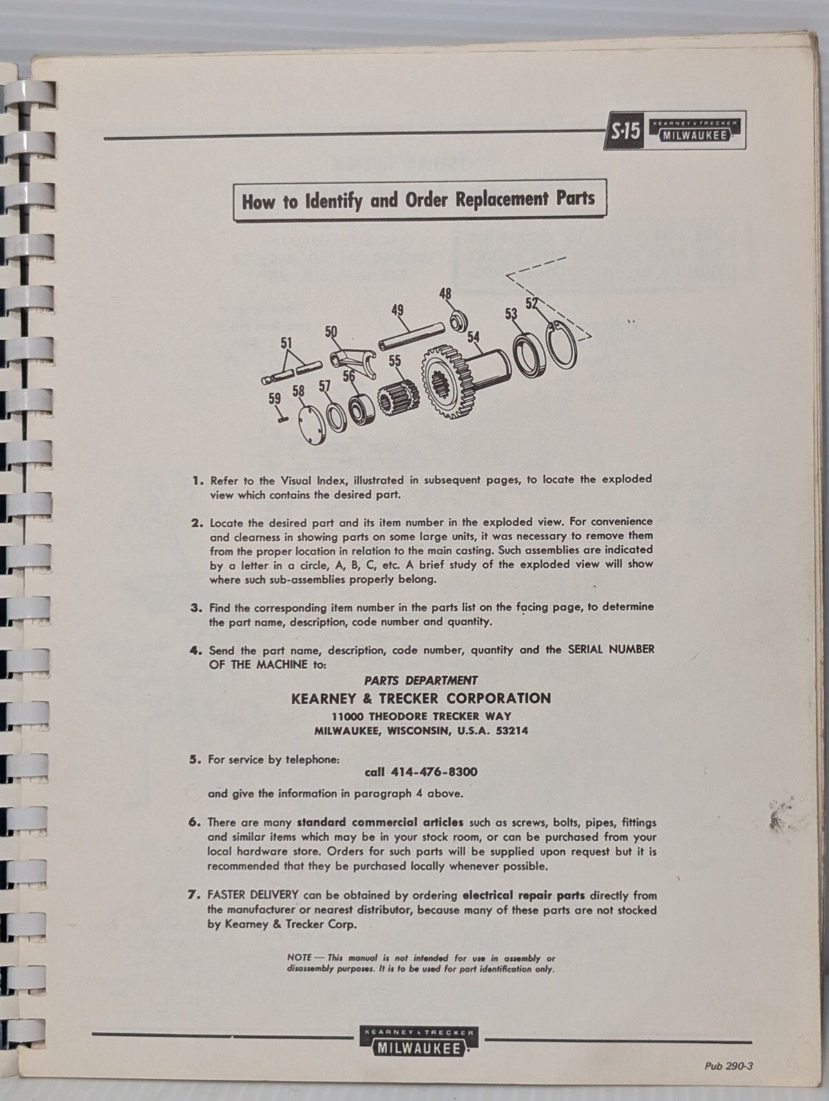 Kearney & Trecker Pub No 290 Replacement Parts Manual S-15 Milling Machines